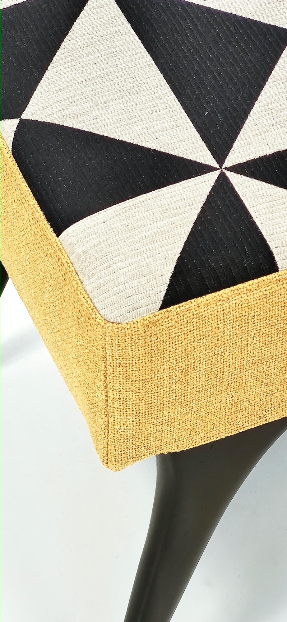 Walnut Midcentury Pouf with Black, White and Yellow Fabric, Italy