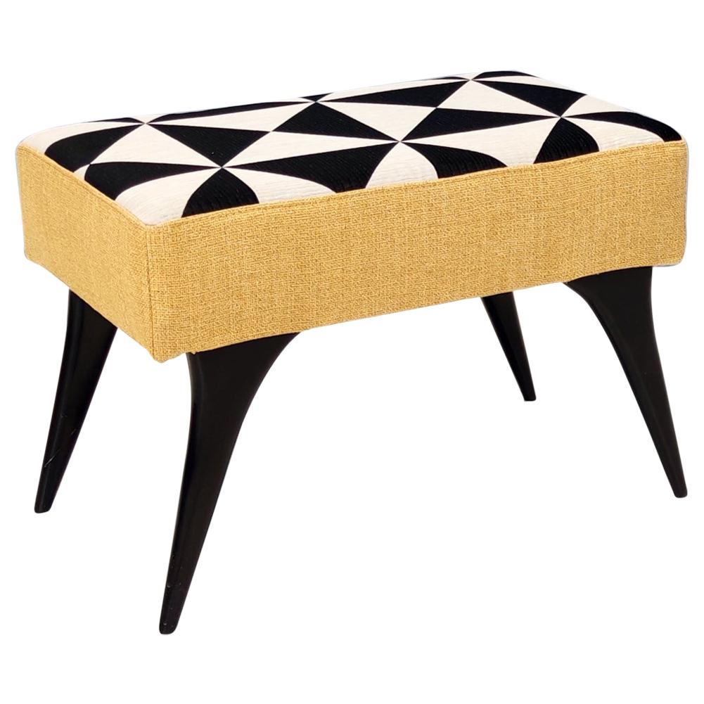 Midcentury Pouf with Black, White and Yellow Fabric, Italy