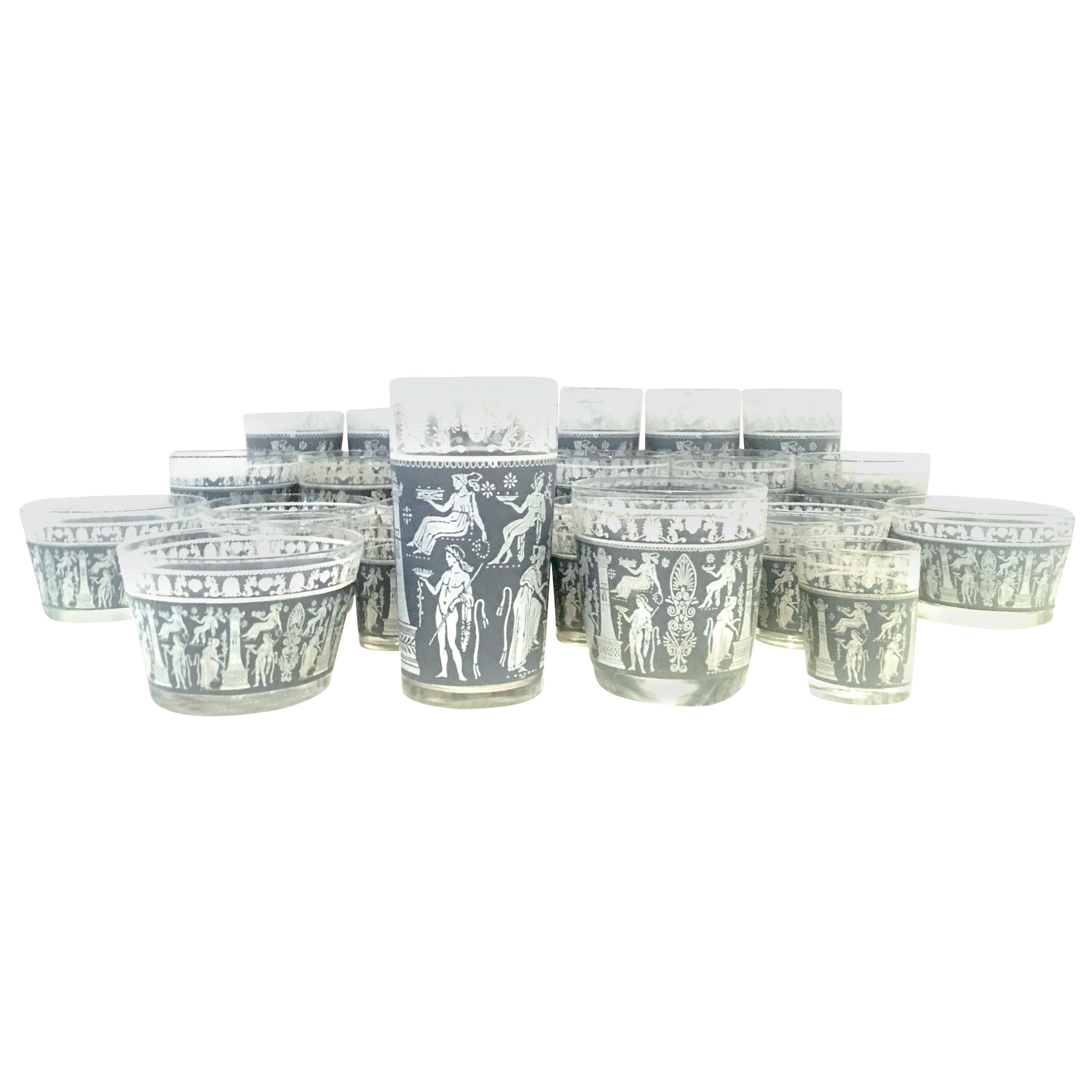 Midcentury Printed Glass Wedgwood Blue Hellenic Drinks Set of 28 Pieces For Sale