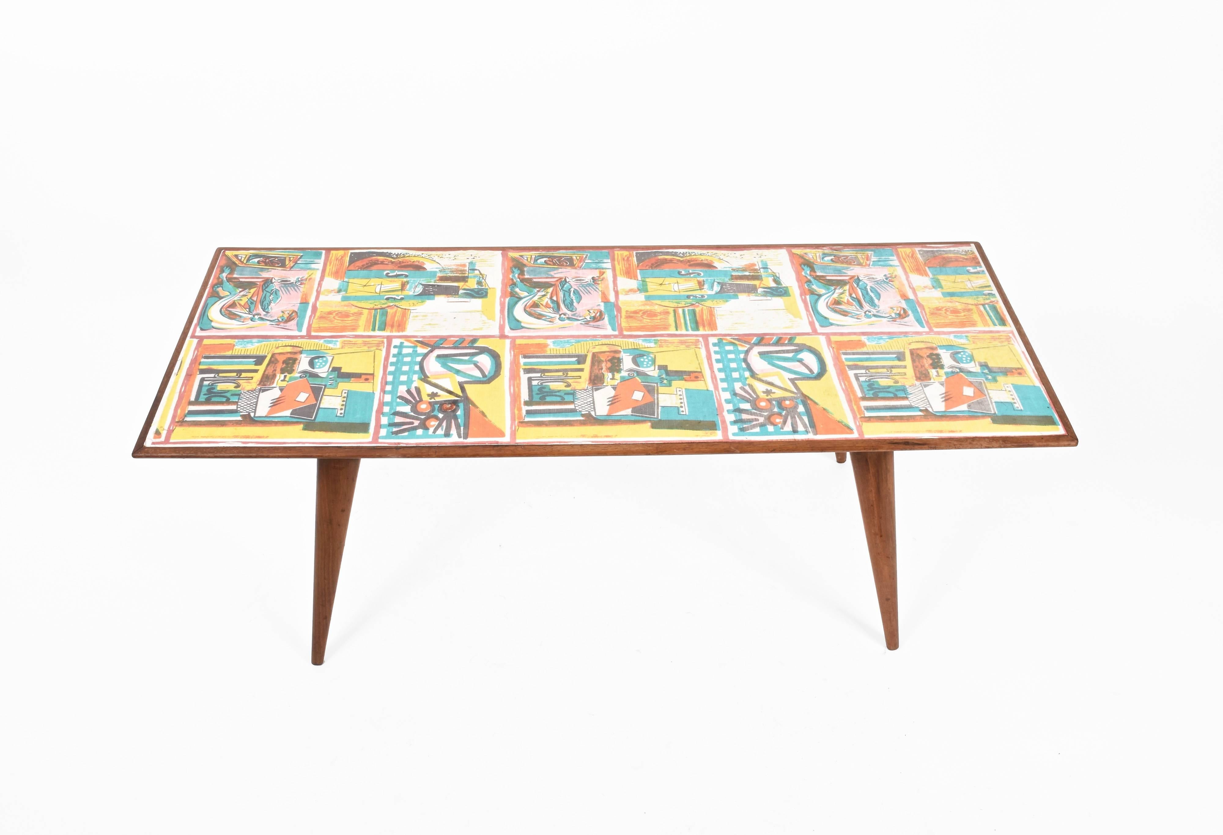 Midcentury Printed Wood and Plastic Italian Coffee Table after De Poli, 1950s For Sale 3