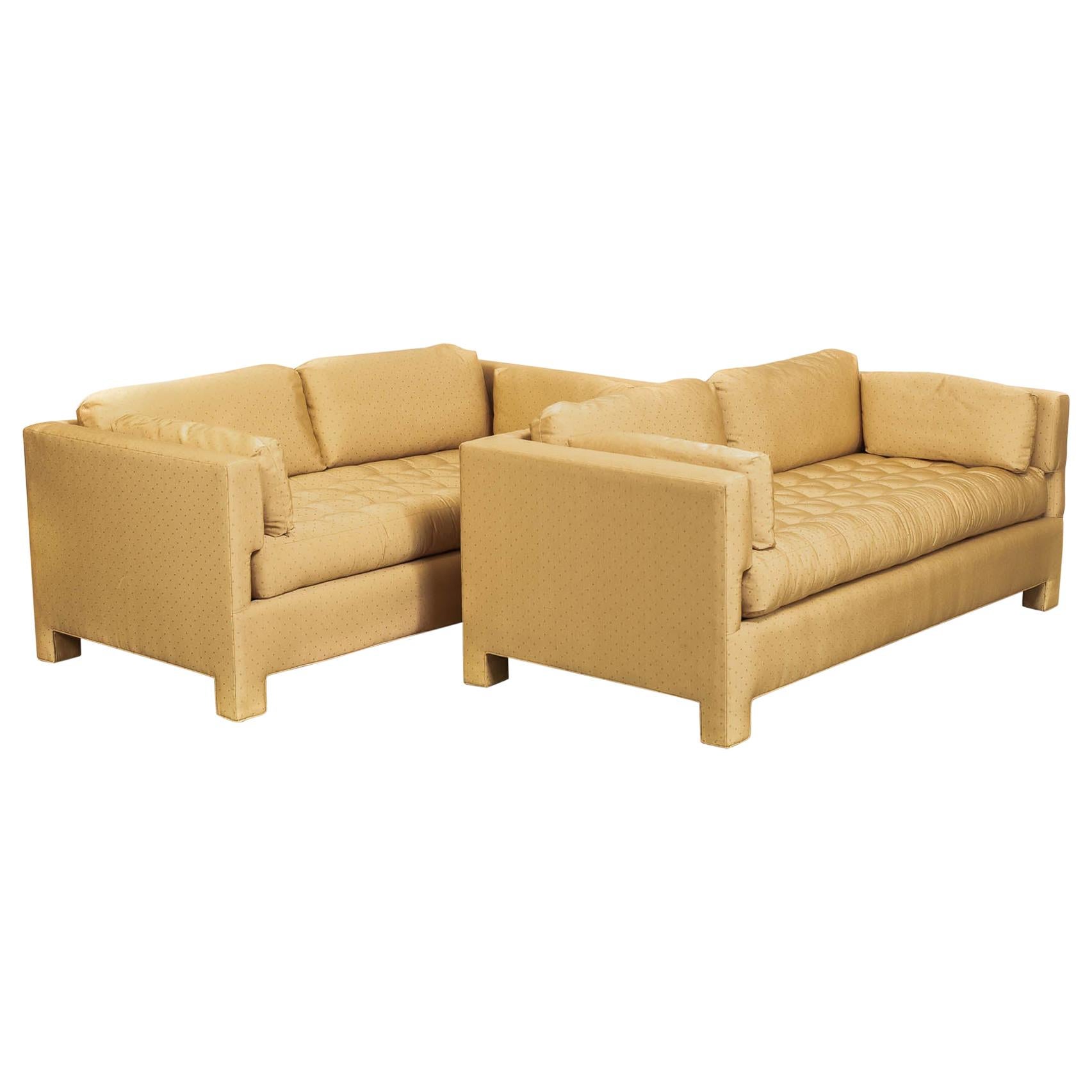 Midcentury Probber or Wormley Style Tan Upholstered Sofa Couches, a Pair