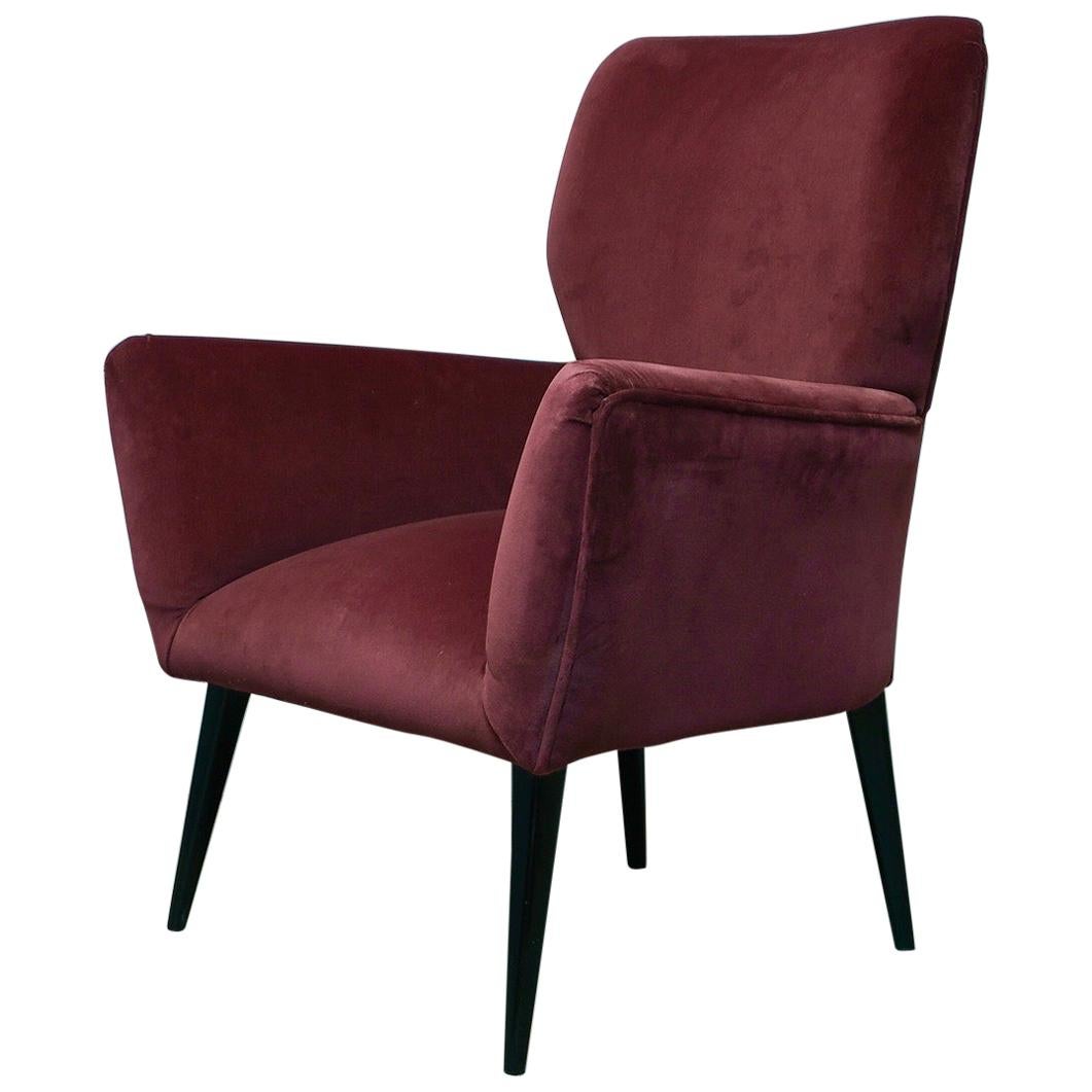 Midcentury Purple Color Velvet Italian Armchair, 1950 For Sale