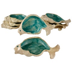 Midcentury PV France Earthenware Majolica Fish Form Sauce or Side Bowls Set of 8