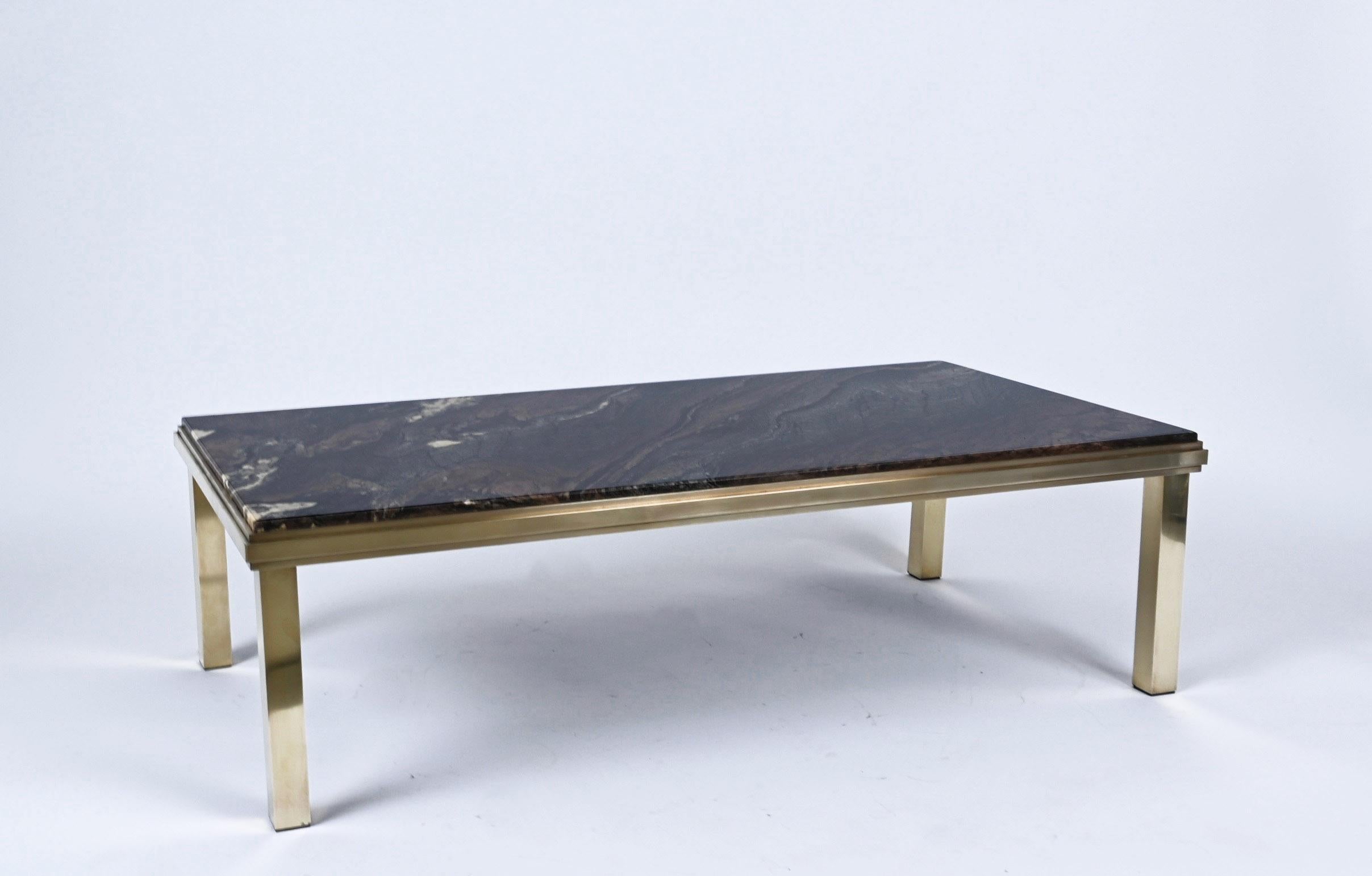 Midcentury Quartzite Marble and Brass Rectangular Italian Coffee Table, 1970s For Sale 8