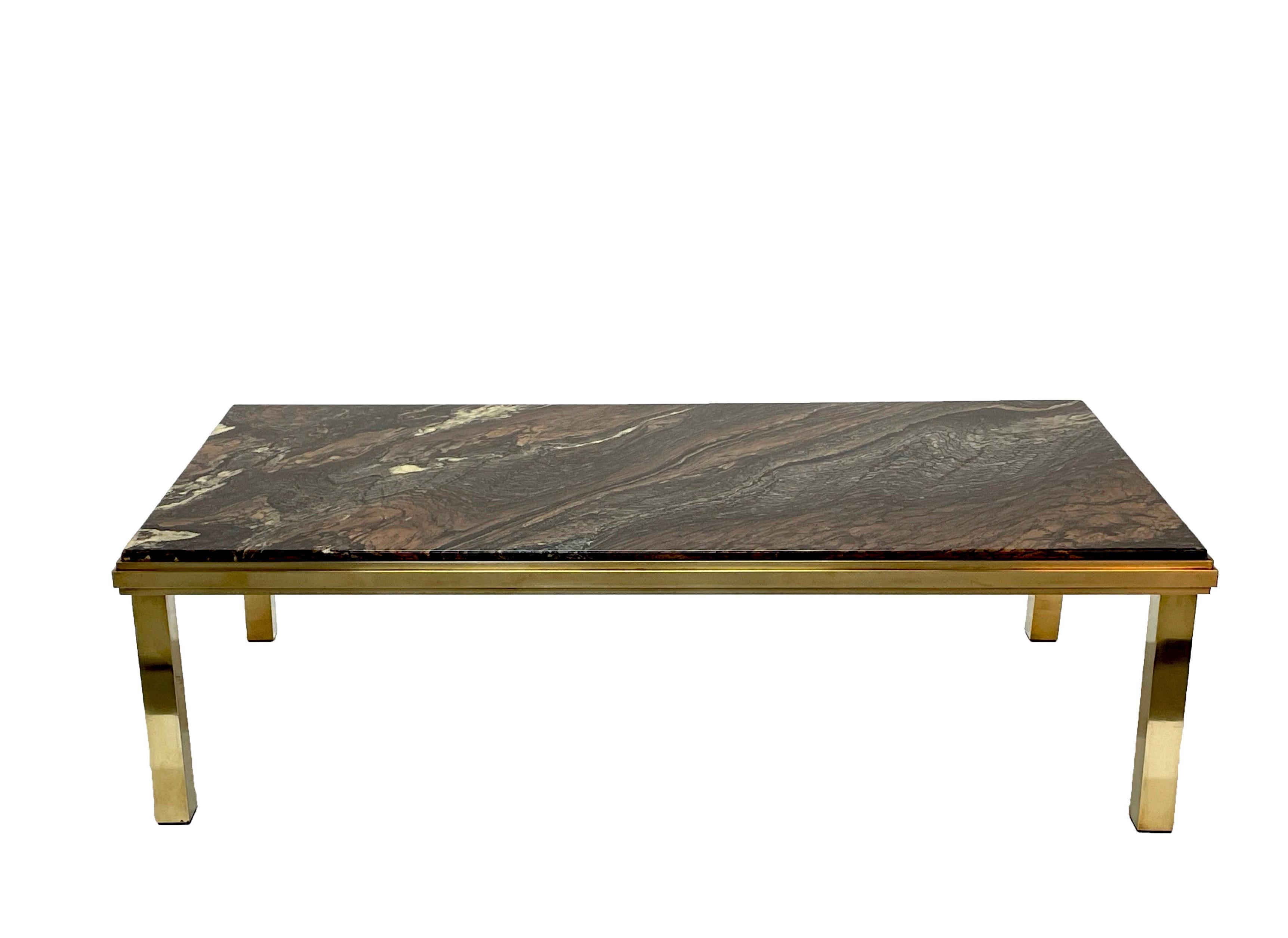 Mid-Century Modern Midcentury Quartzite Marble and Brass Rectangular Italian Coffee Table, 1970s For Sale