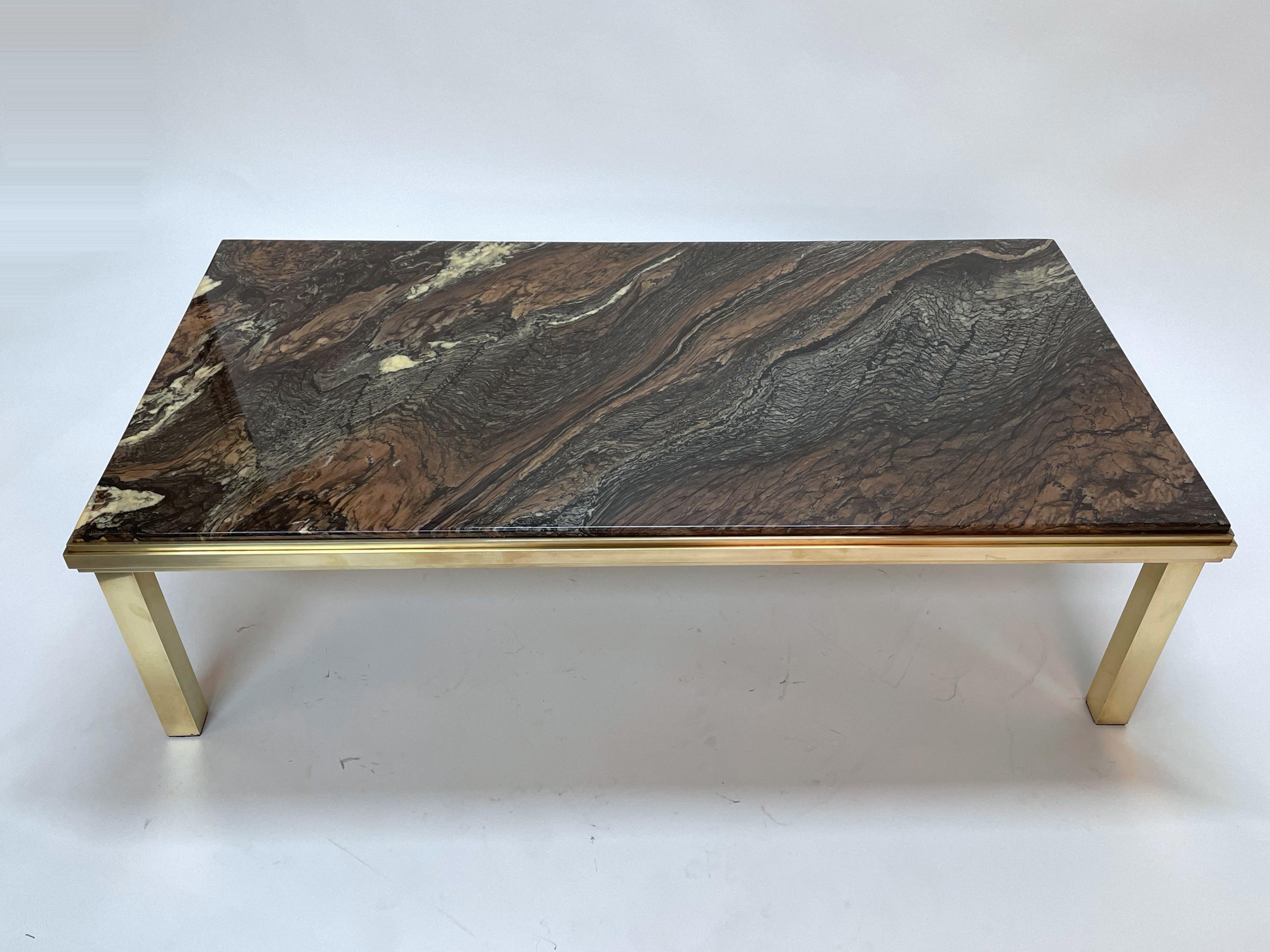 Late 20th Century Midcentury Quartzite Marble and Brass Rectangular Italian Coffee Table, 1970s For Sale