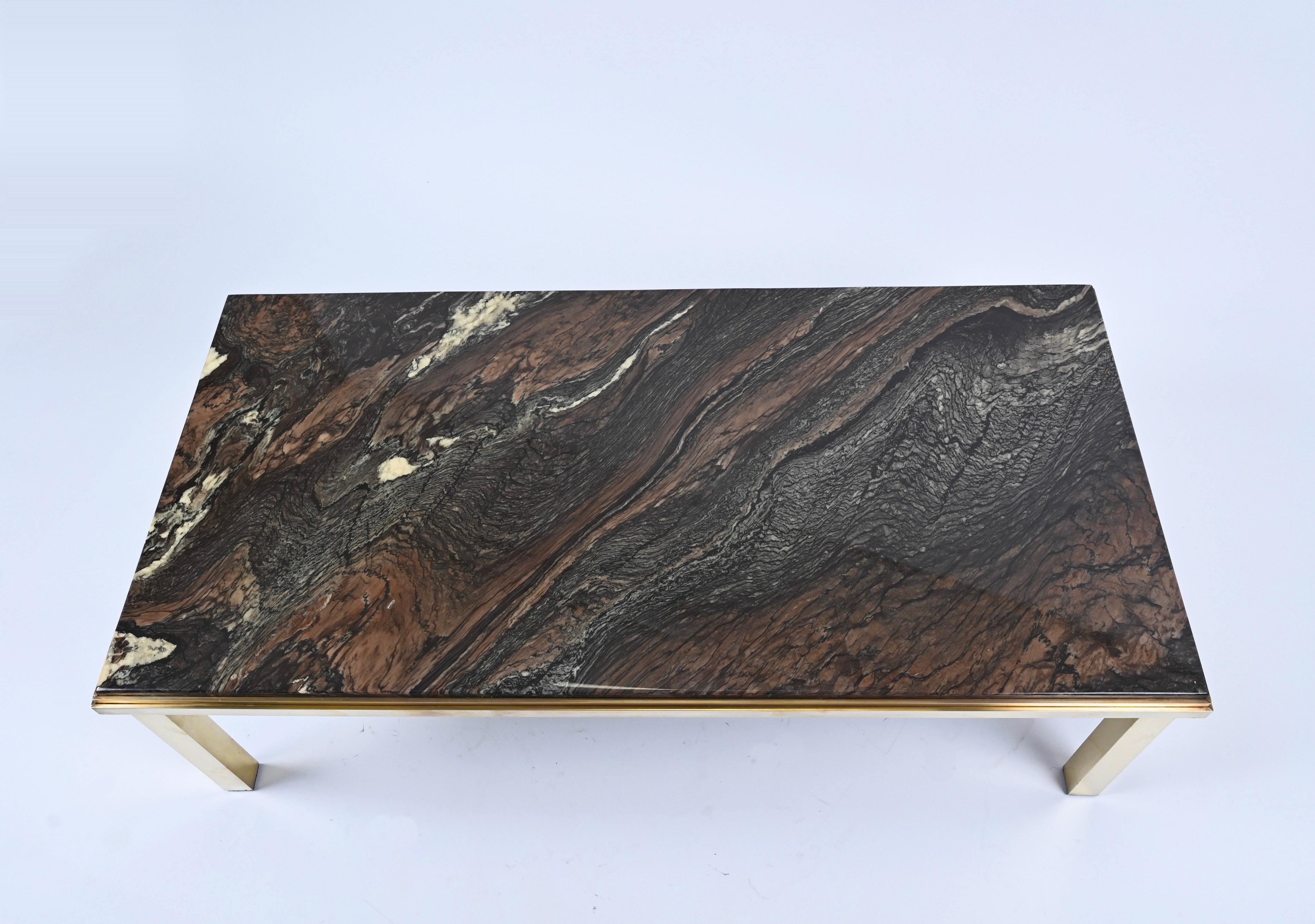 Midcentury Quartzite Marble and Brass Rectangular Italian Coffee Table, 1970s For Sale 1
