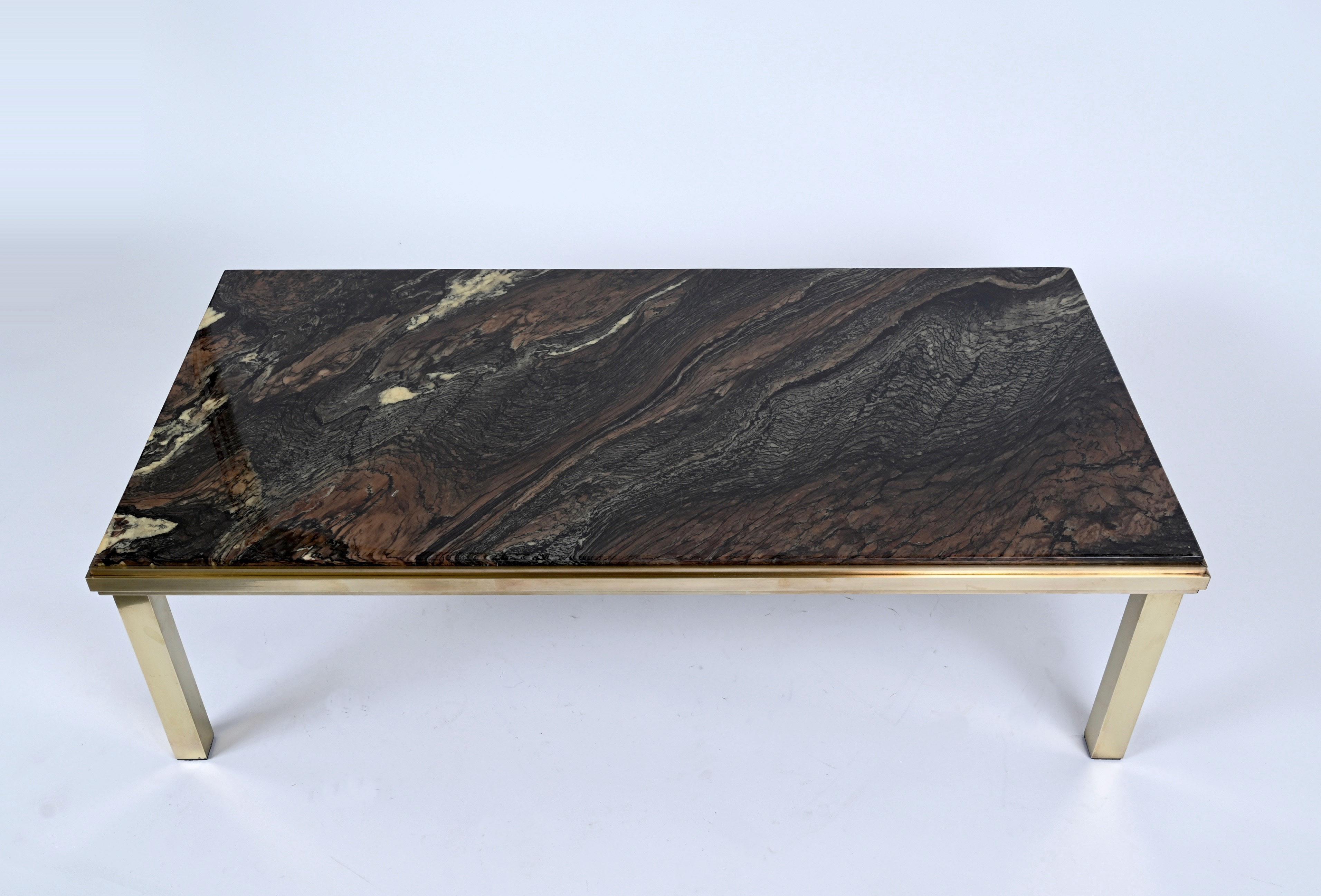 Midcentury Quartzite Marble and Brass Rectangular Italian Coffee Table, 1970s For Sale 2