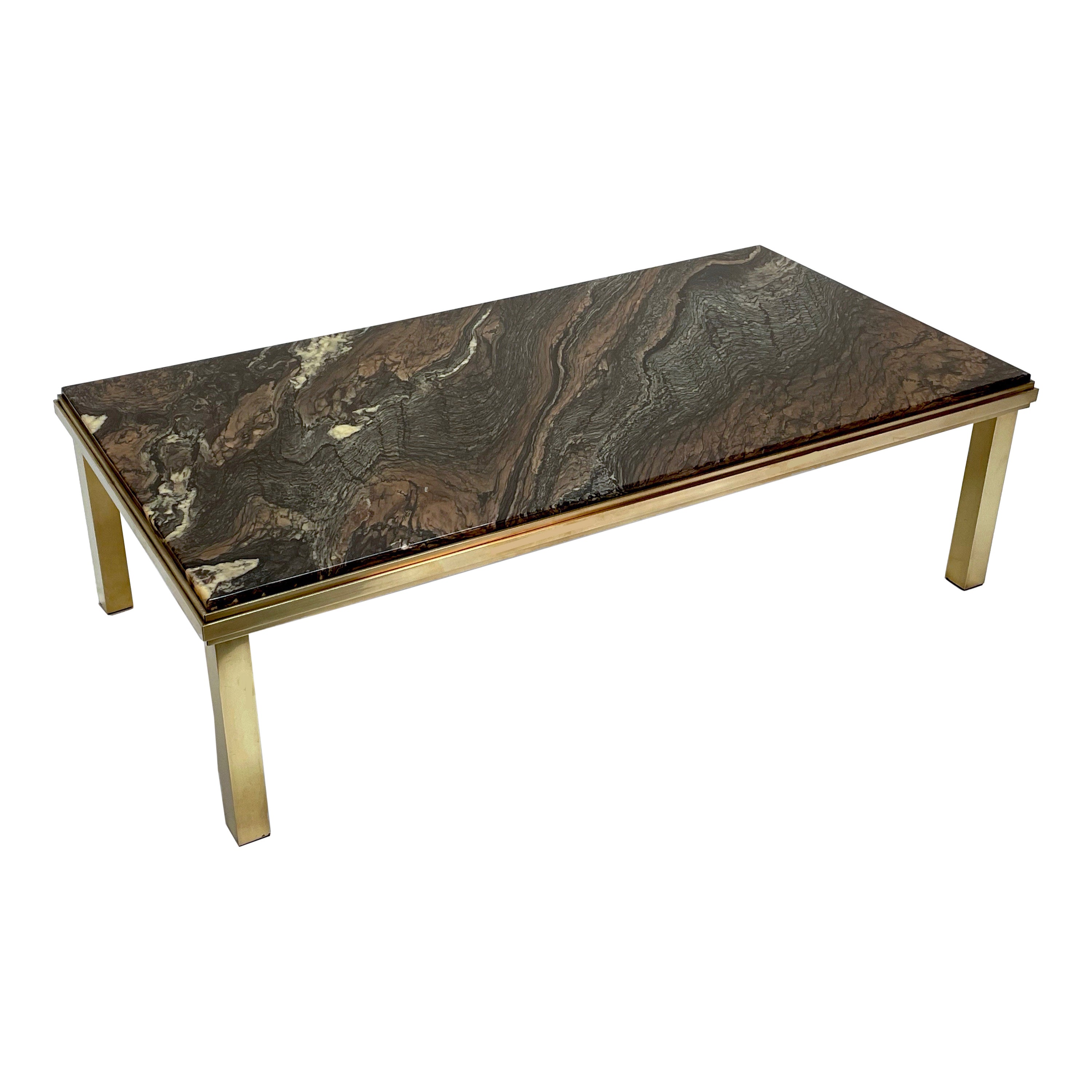 Midcentury Quartzite Marble and Brass Rectangular Italian Coffee Table, 1970s