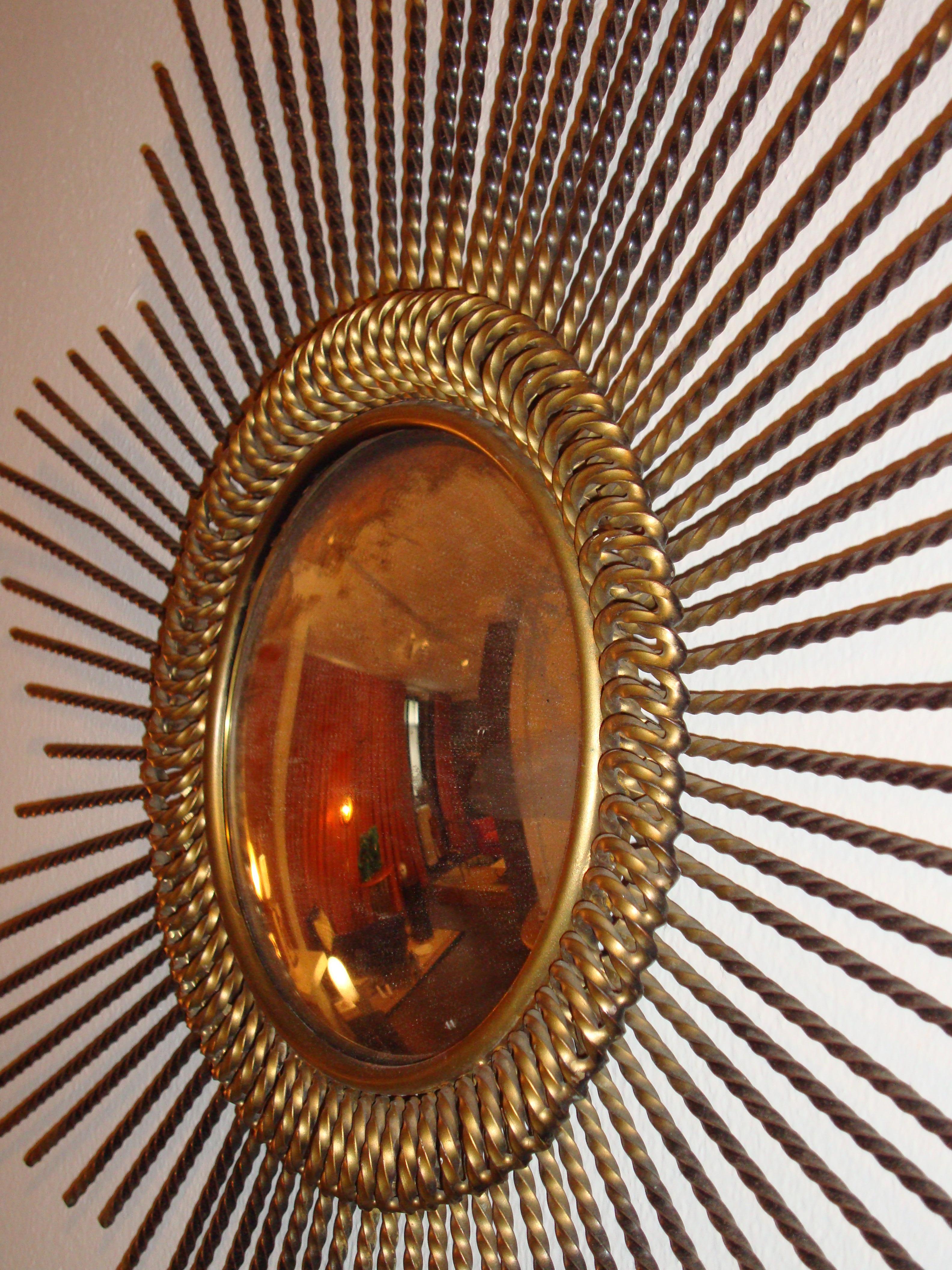 20th Century Midcentury Radial Gilded Frame Convex French Wall Mirror, 1950s For Sale