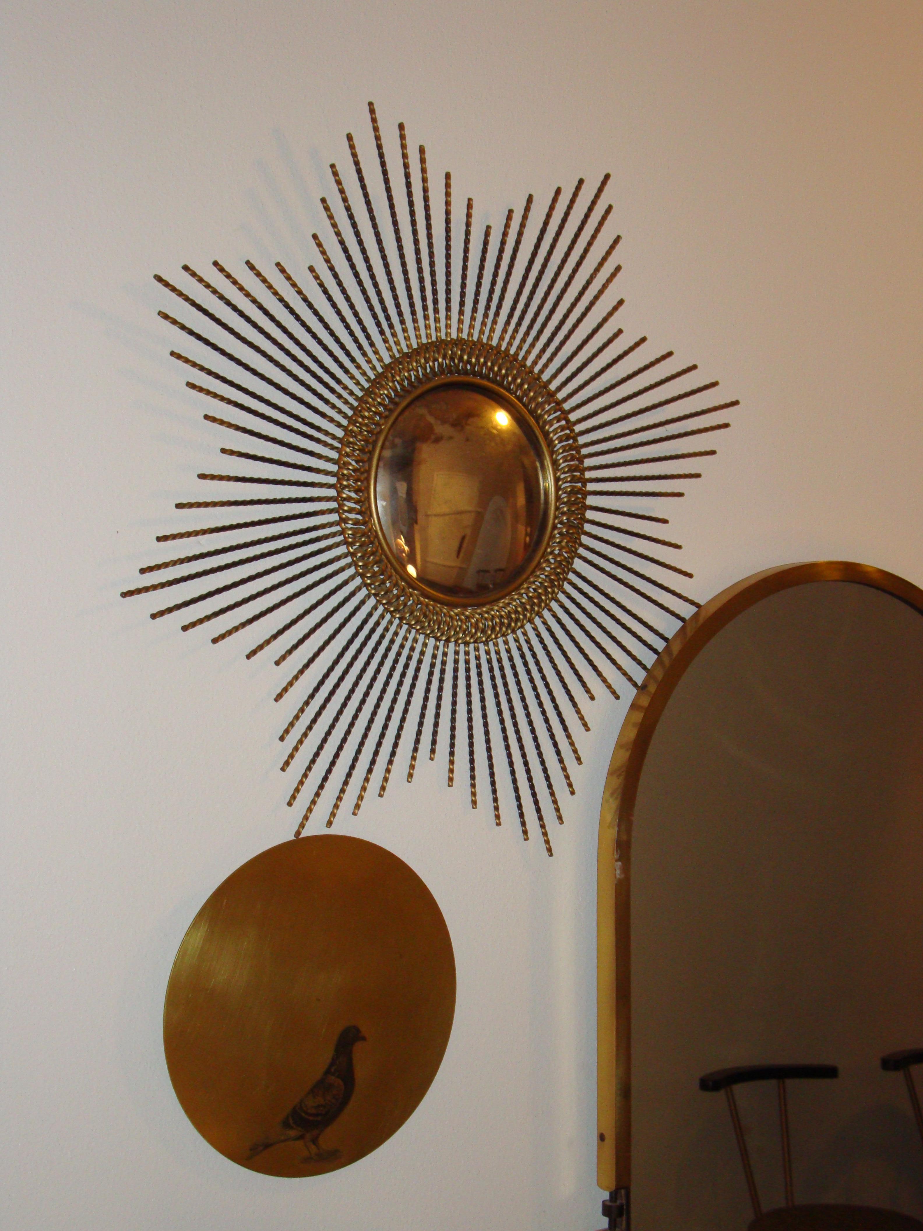 Metal Midcentury Radial Gilded Frame Convex French Wall Mirror, 1950s For Sale