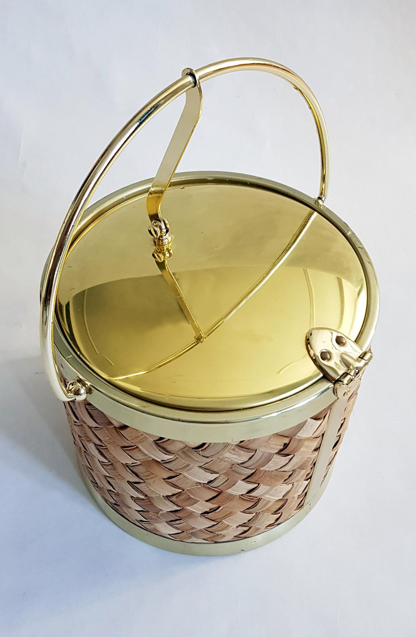 American Midcentury Raffia and Gold Ice Bucket by Kraftware Co.