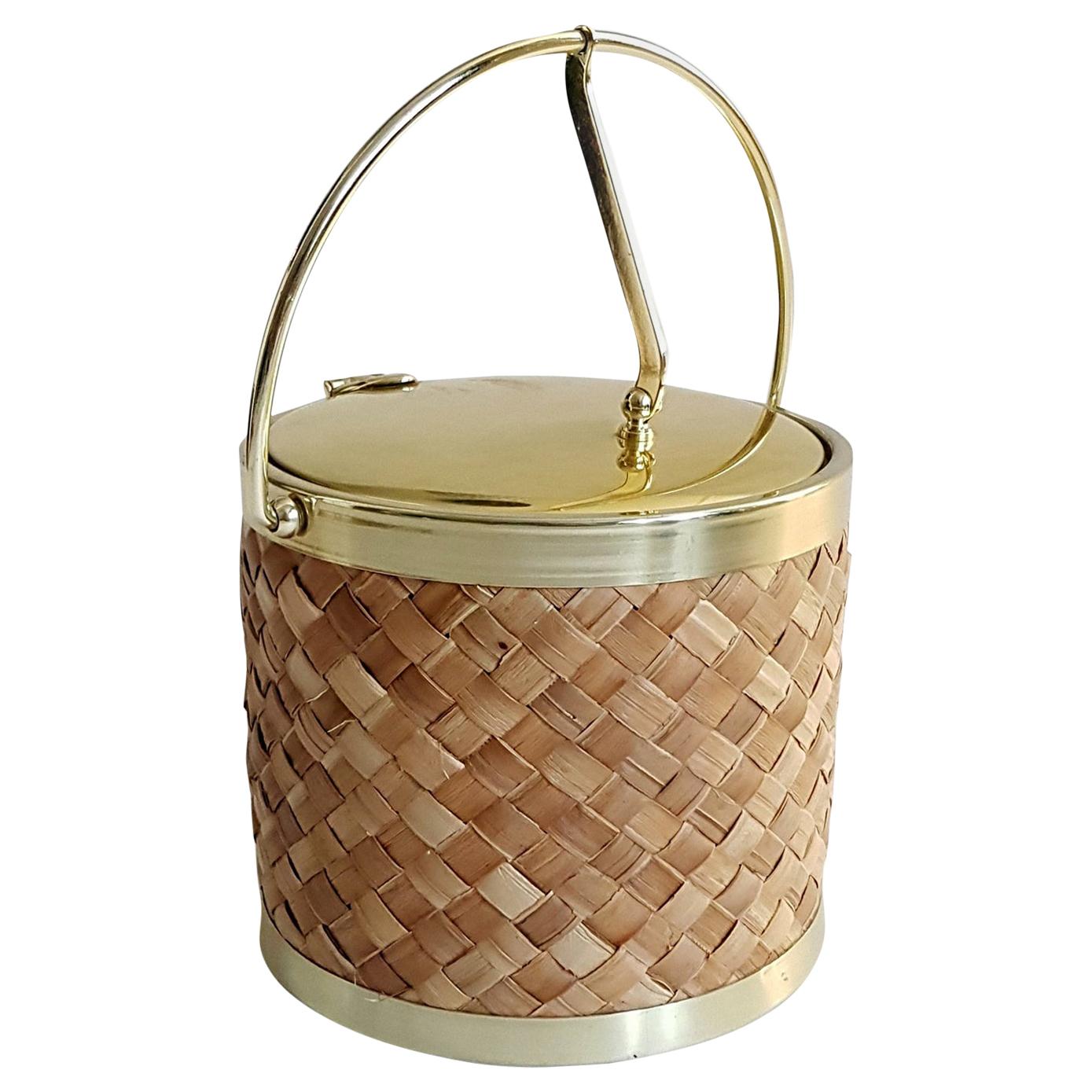 Midcentury Raffia and Gold Ice Bucket by Kraftware Co.