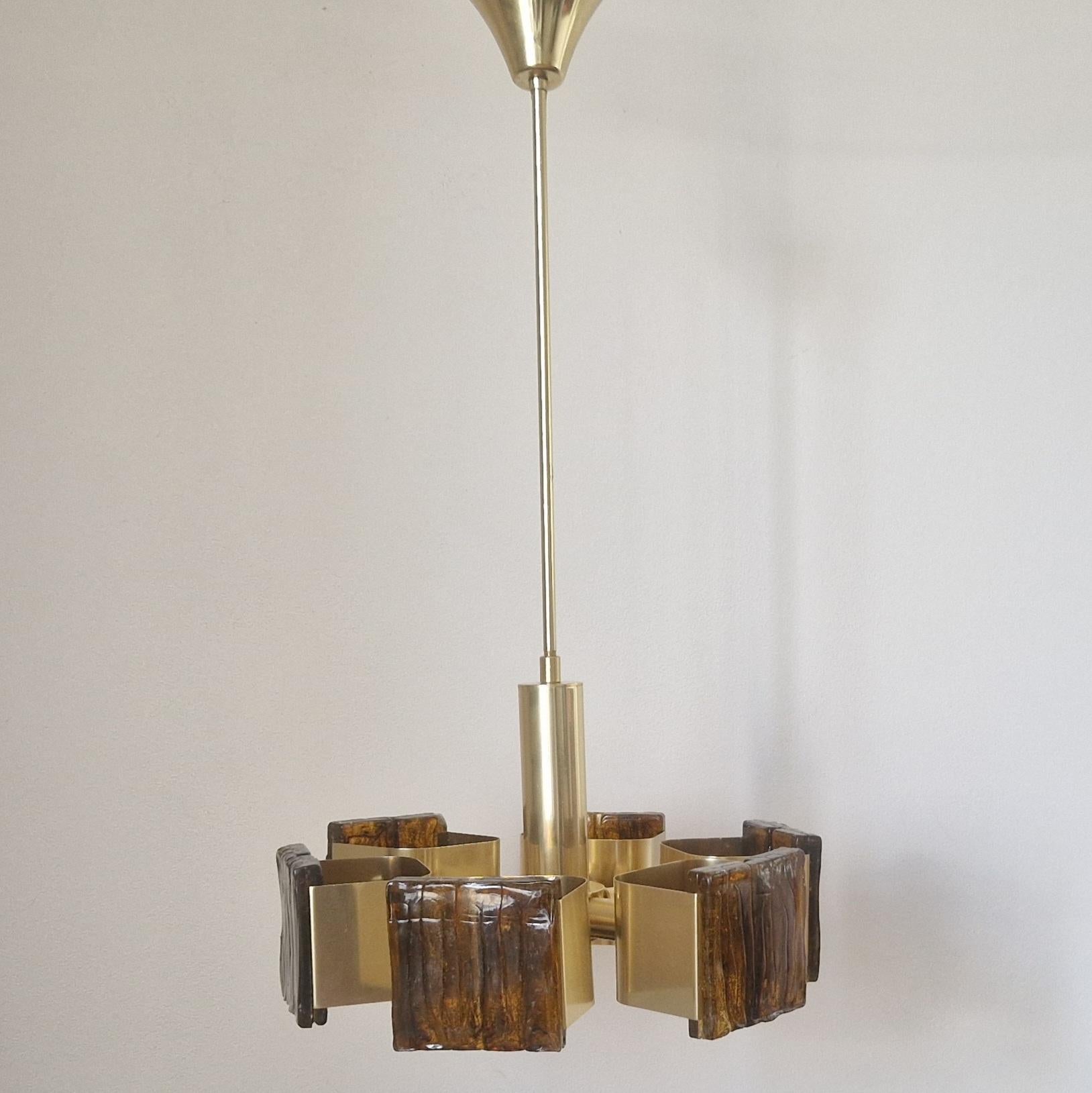 Midcentury Rare Brass and Resin Chandelier, 1970s For Sale 4