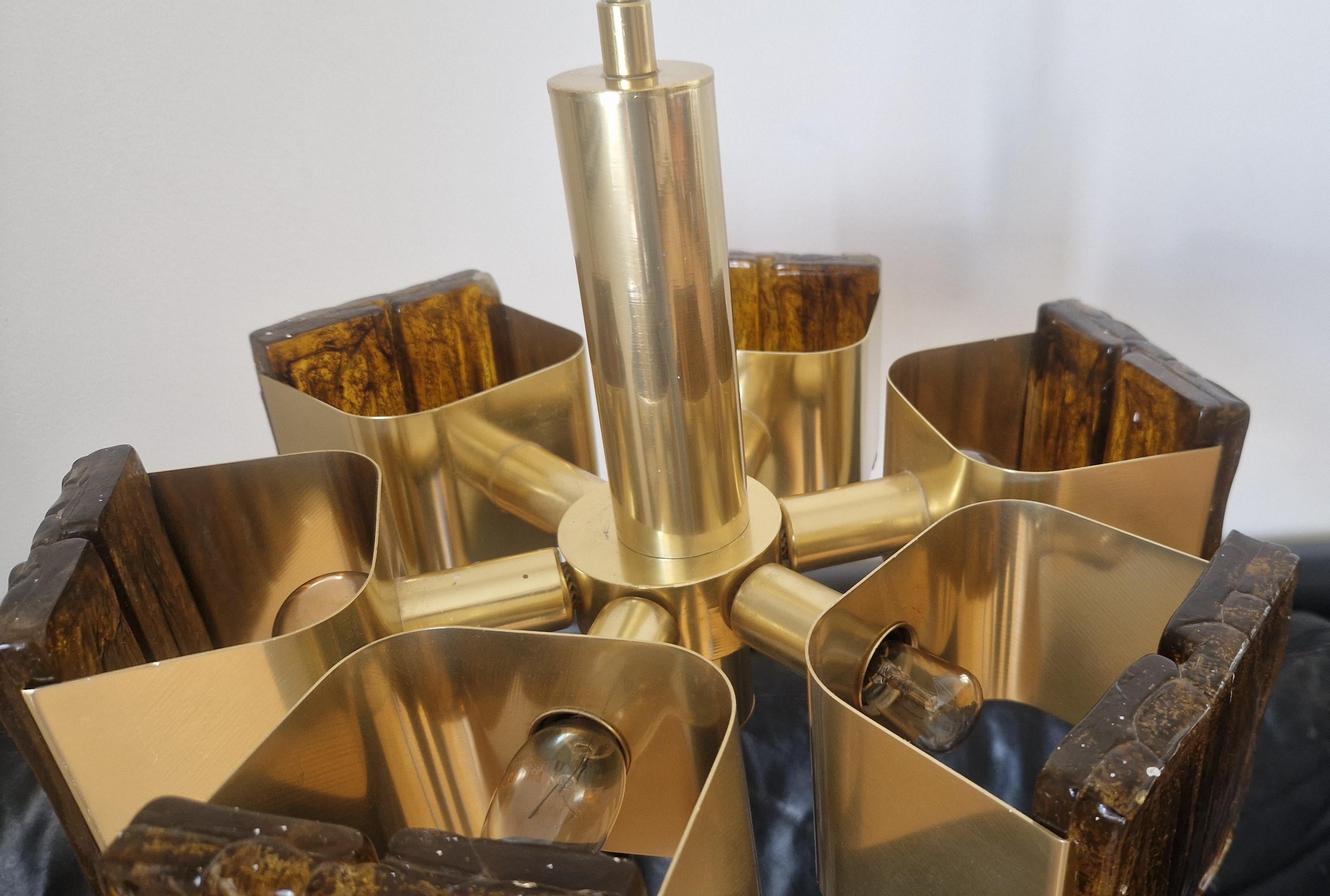 Midcentury Rare Brass and Resin Chandelier, 1970s For Sale 5
