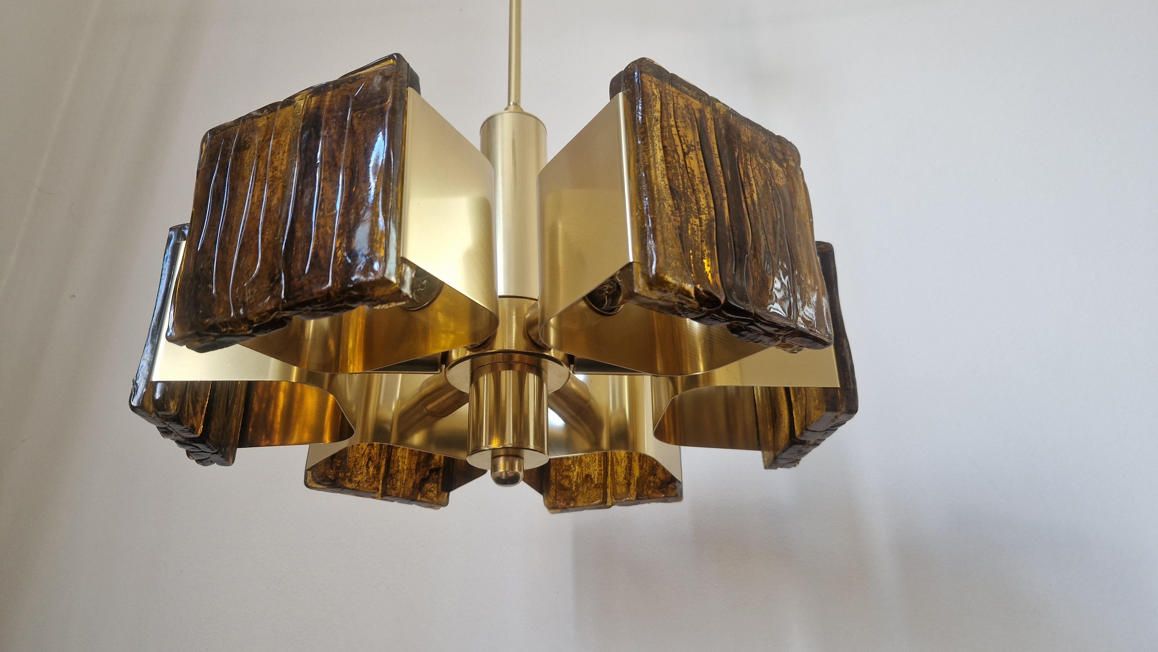 Midcentury Rare Brass and Resin Chandelier, 1970s For Sale 9