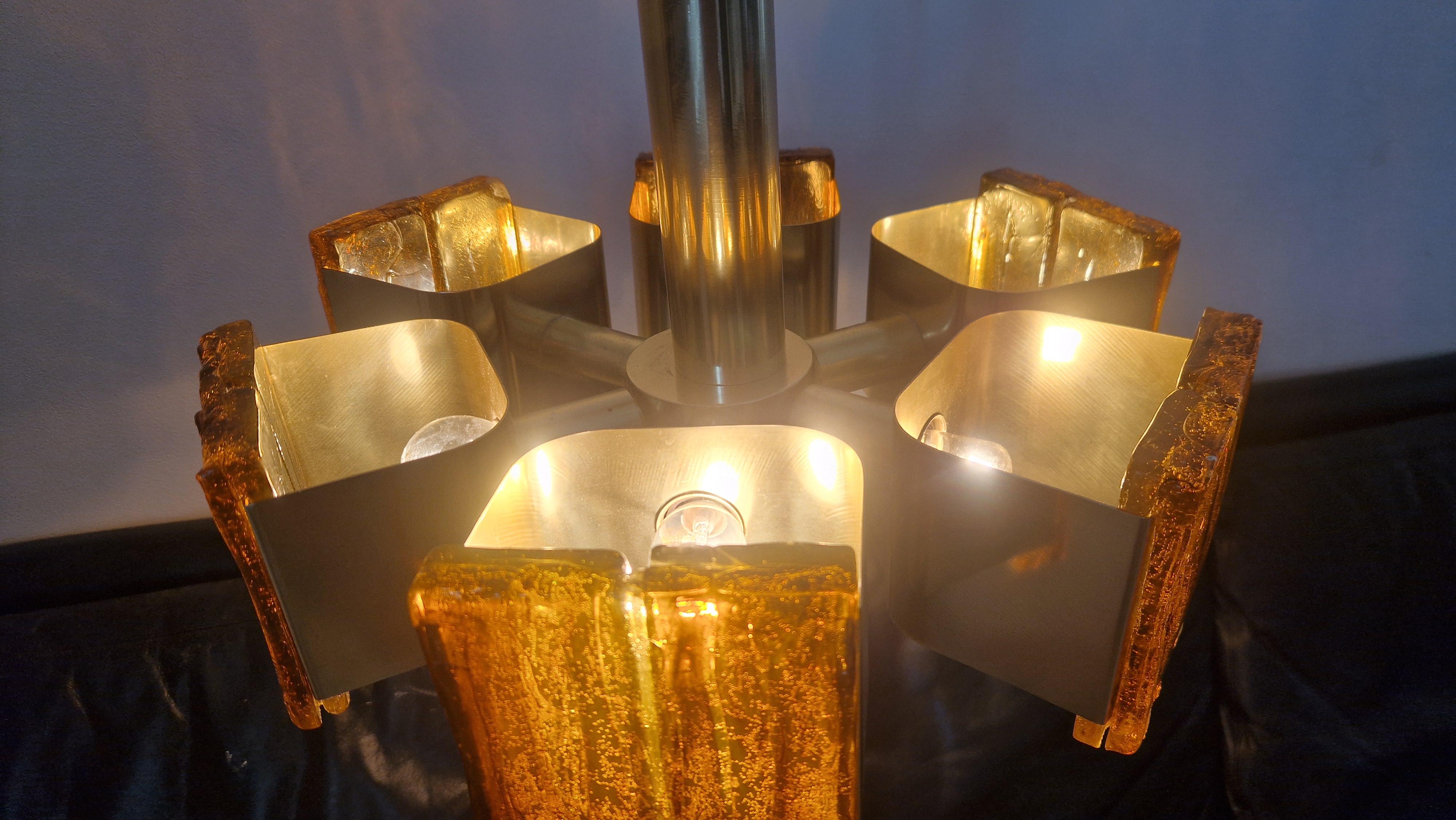 Late 20th Century Midcentury Rare Brass and Resin Chandelier, 1970s For Sale