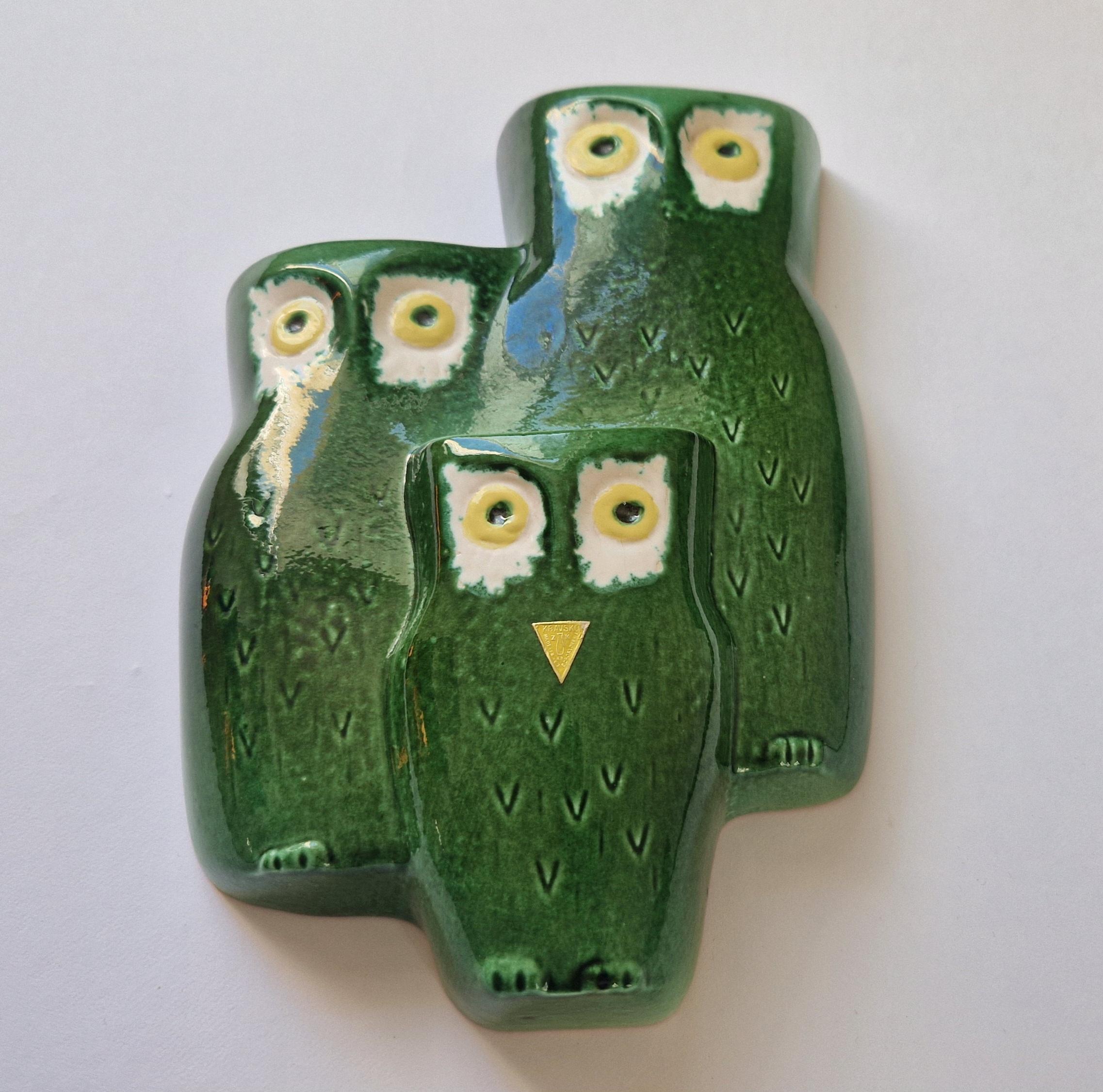 Czech Midcentury Rare Large Wall Ceramic Sculpture Owls, 1970s. For Sale