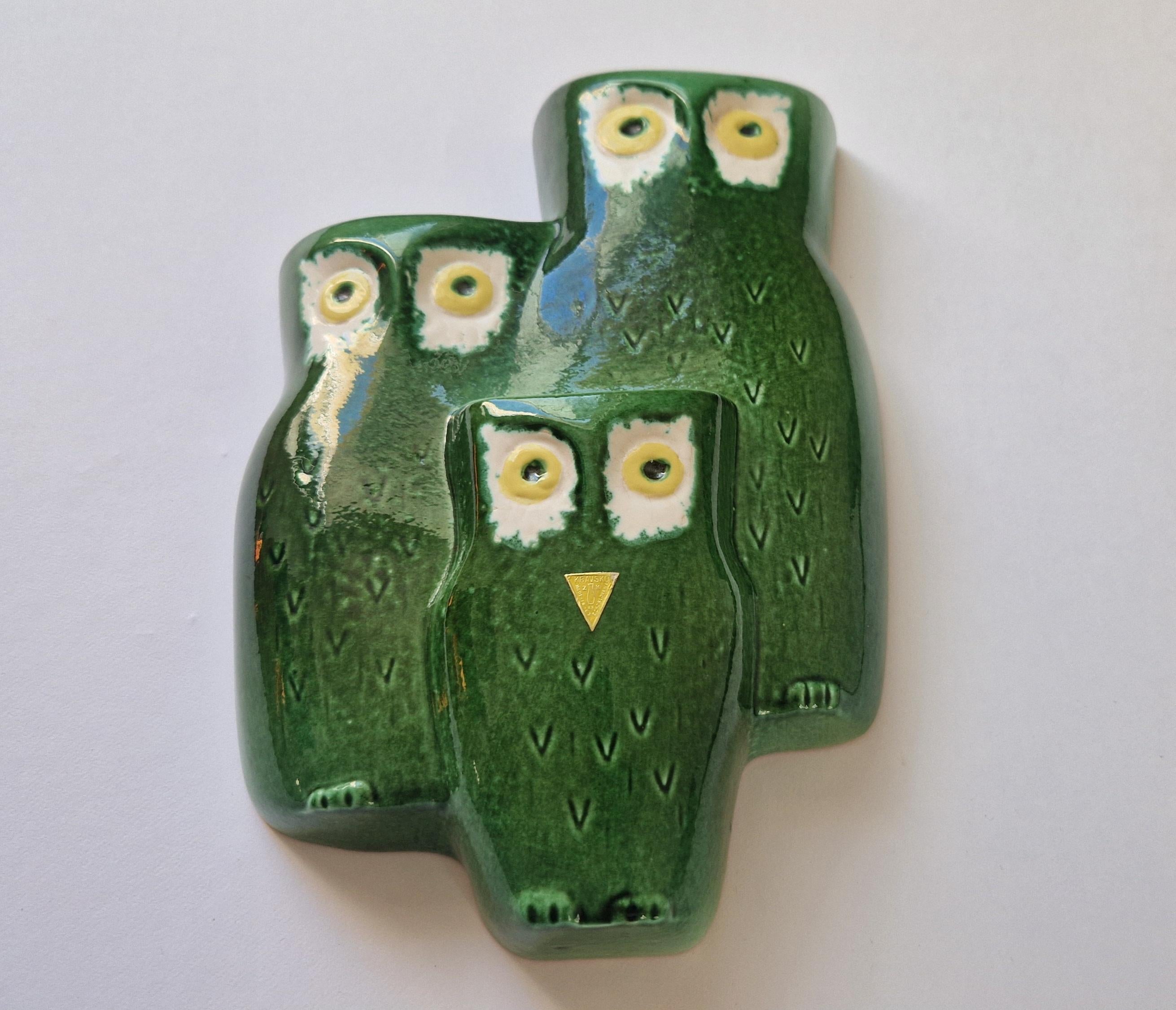 Glazed Midcentury Rare Large Wall Ceramic Sculpture Owls, 1970s. For Sale
