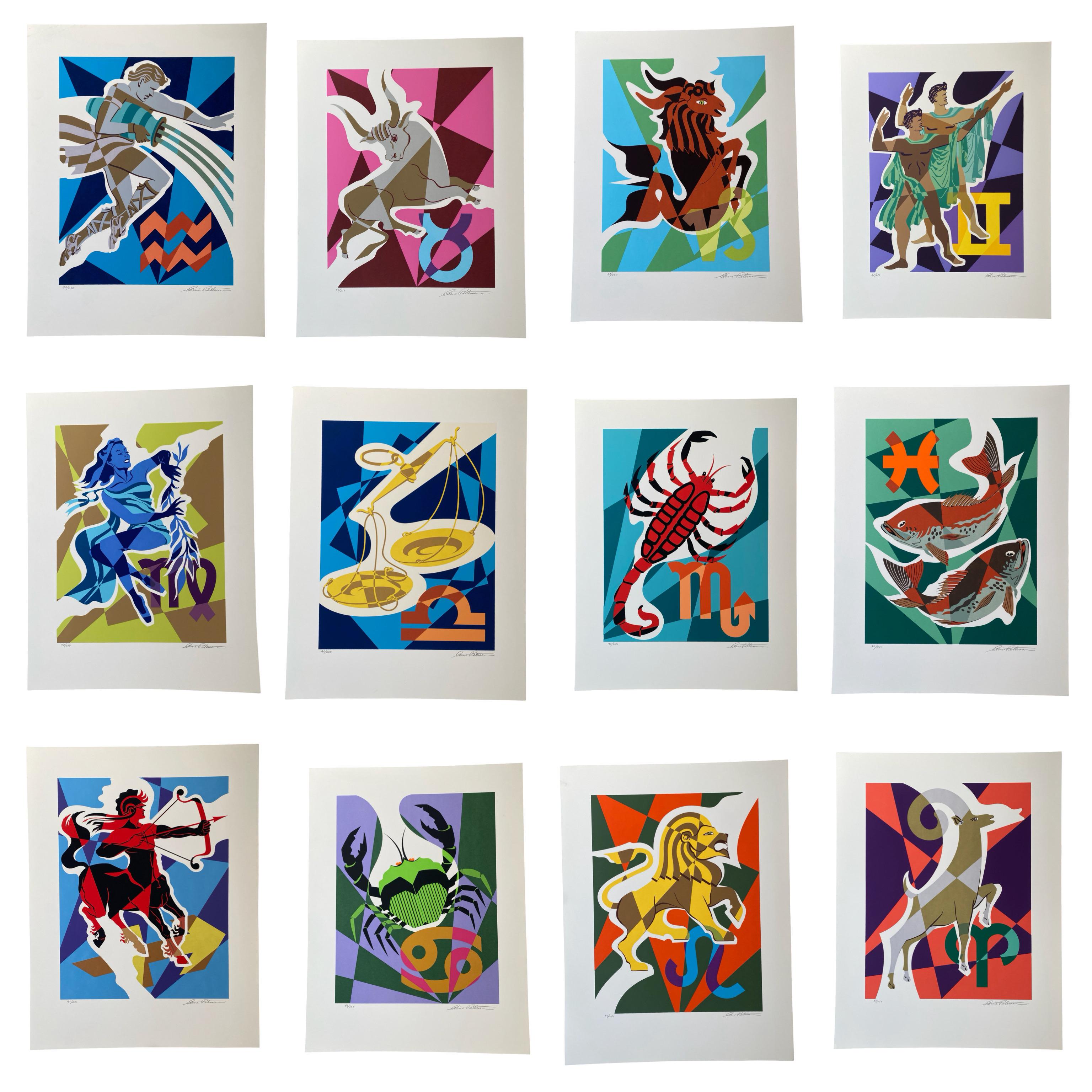 Seltener Satz moderner Kunstzeichen des Zodiac S/N Siebdrucke aus der Mitte des Jahrhunderts im Angebot