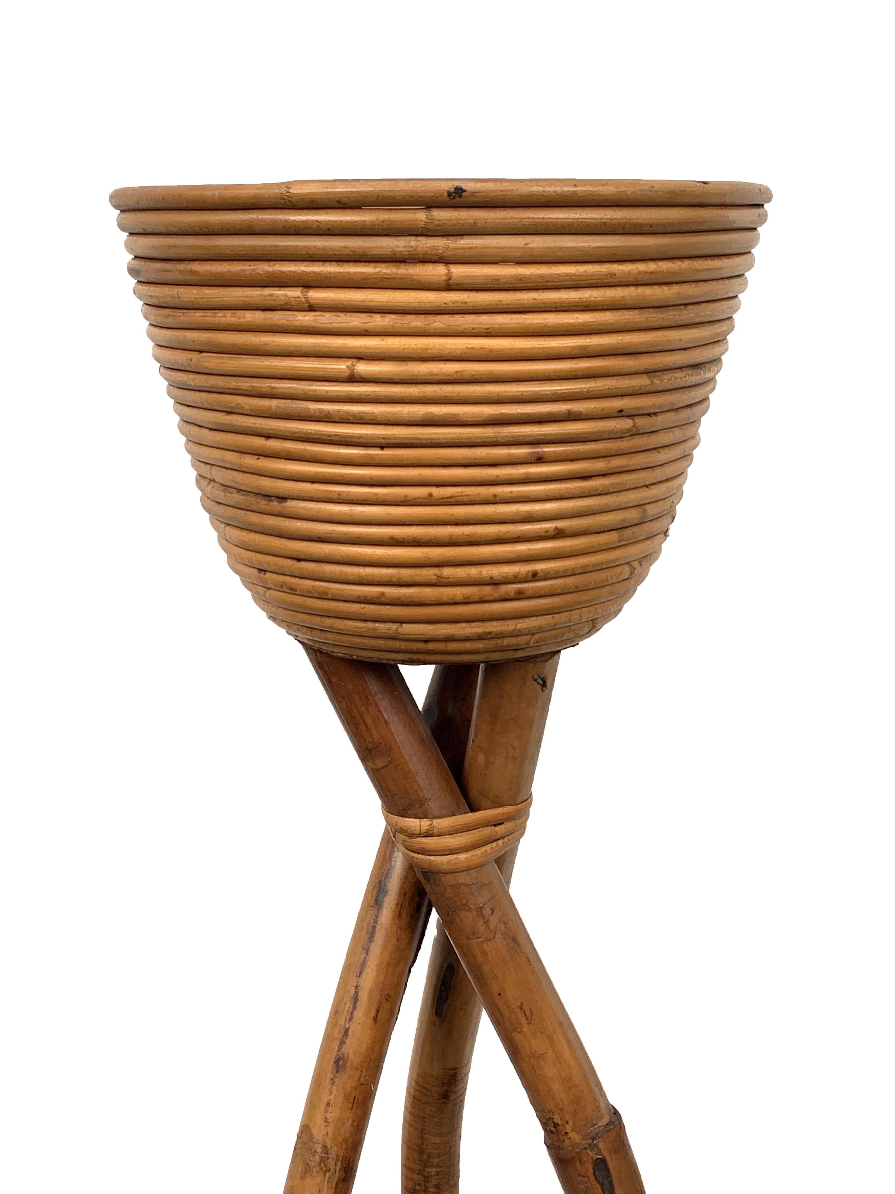20th Century Midcentury Rattan and Bamboo after Gabriella Crespi Plant Stand Table, 1950s