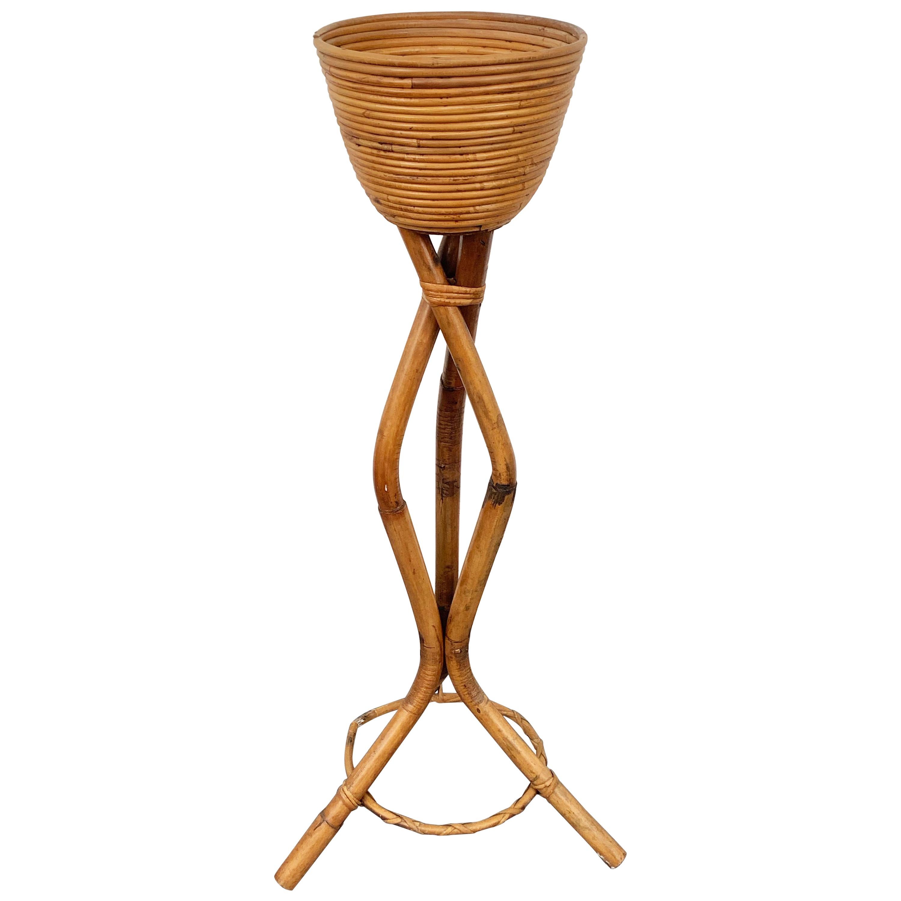 Midcentury Rattan and Bamboo after Gabriella Crespi Plant Stand Table, 1950s