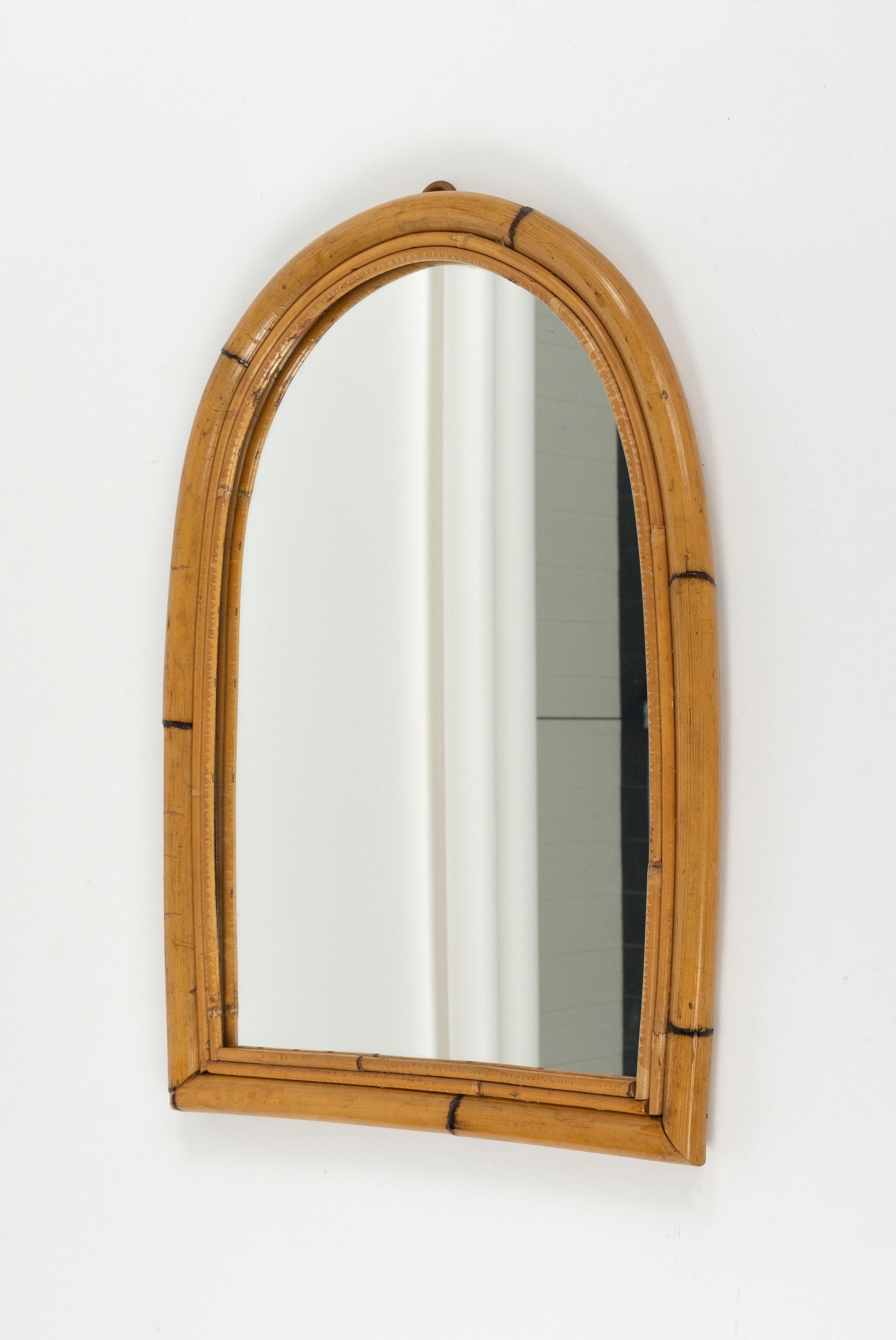 Midcentury Rattan and Bamboo Arched Wall Mirror, Italy 1960s For Sale 4