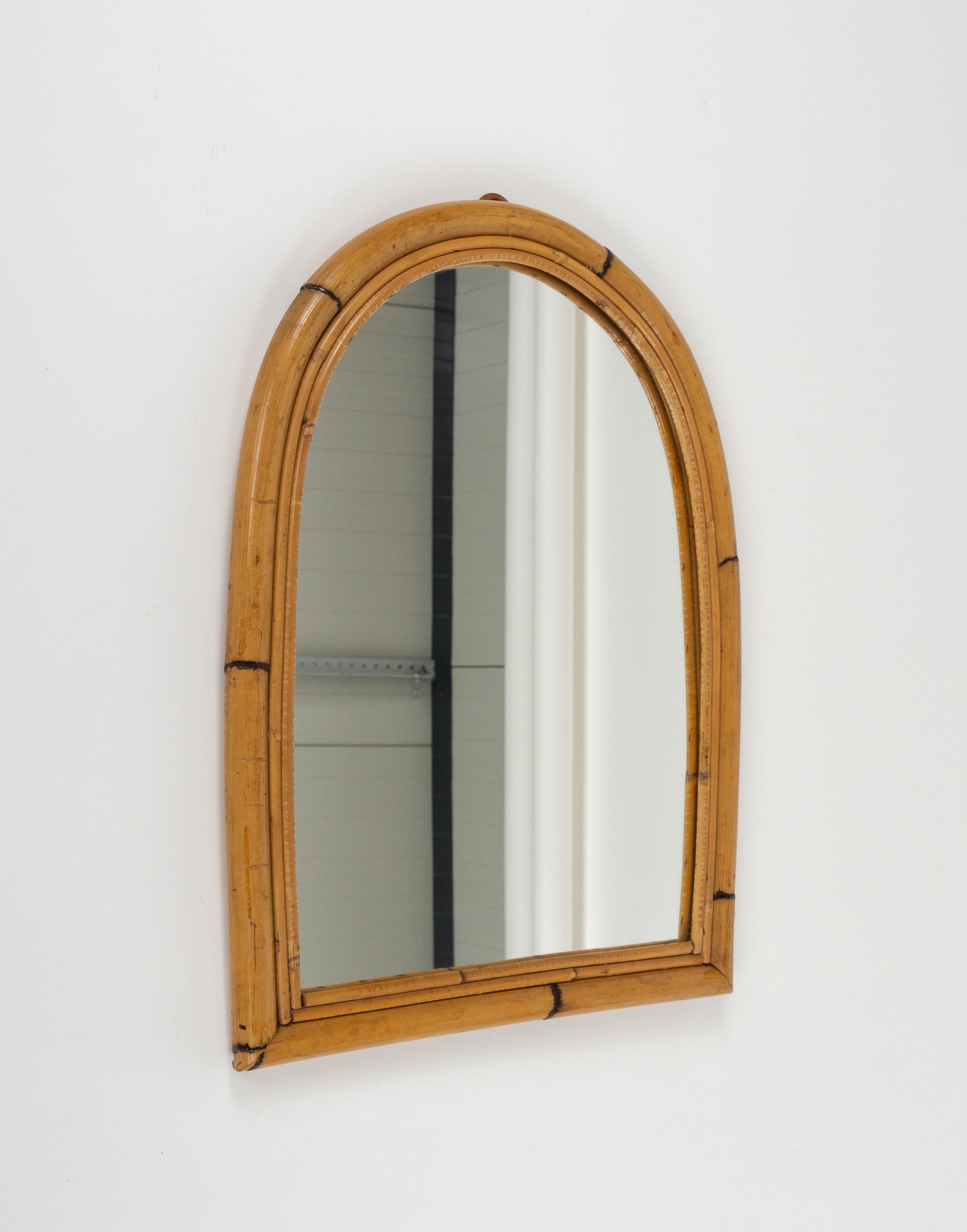 Italian Midcentury Rattan and Bamboo Arched Wall Mirror, Italy 1960s For Sale