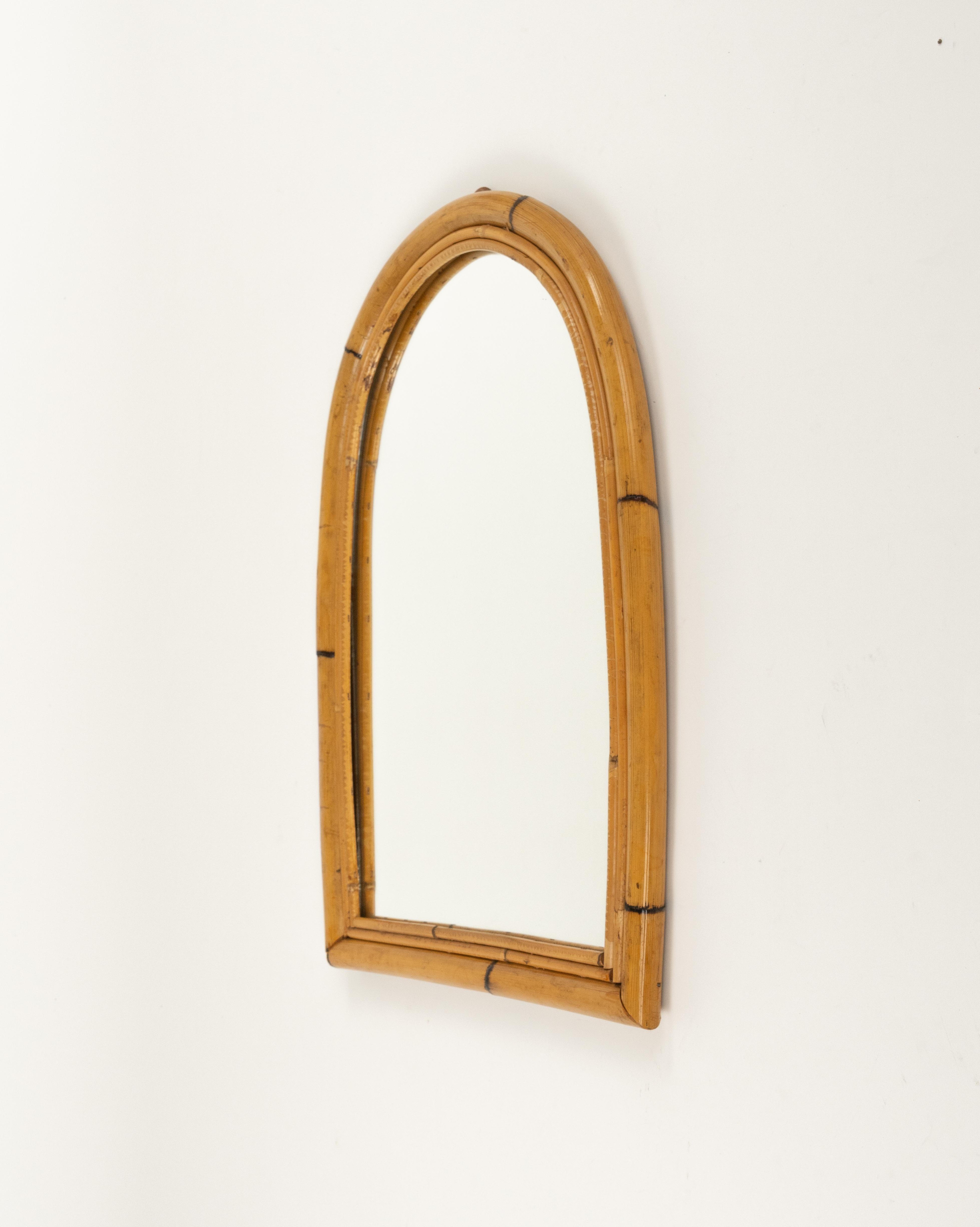 Midcentury Rattan and Bamboo Arched Wall Mirror, Italy 1960s For Sale 3