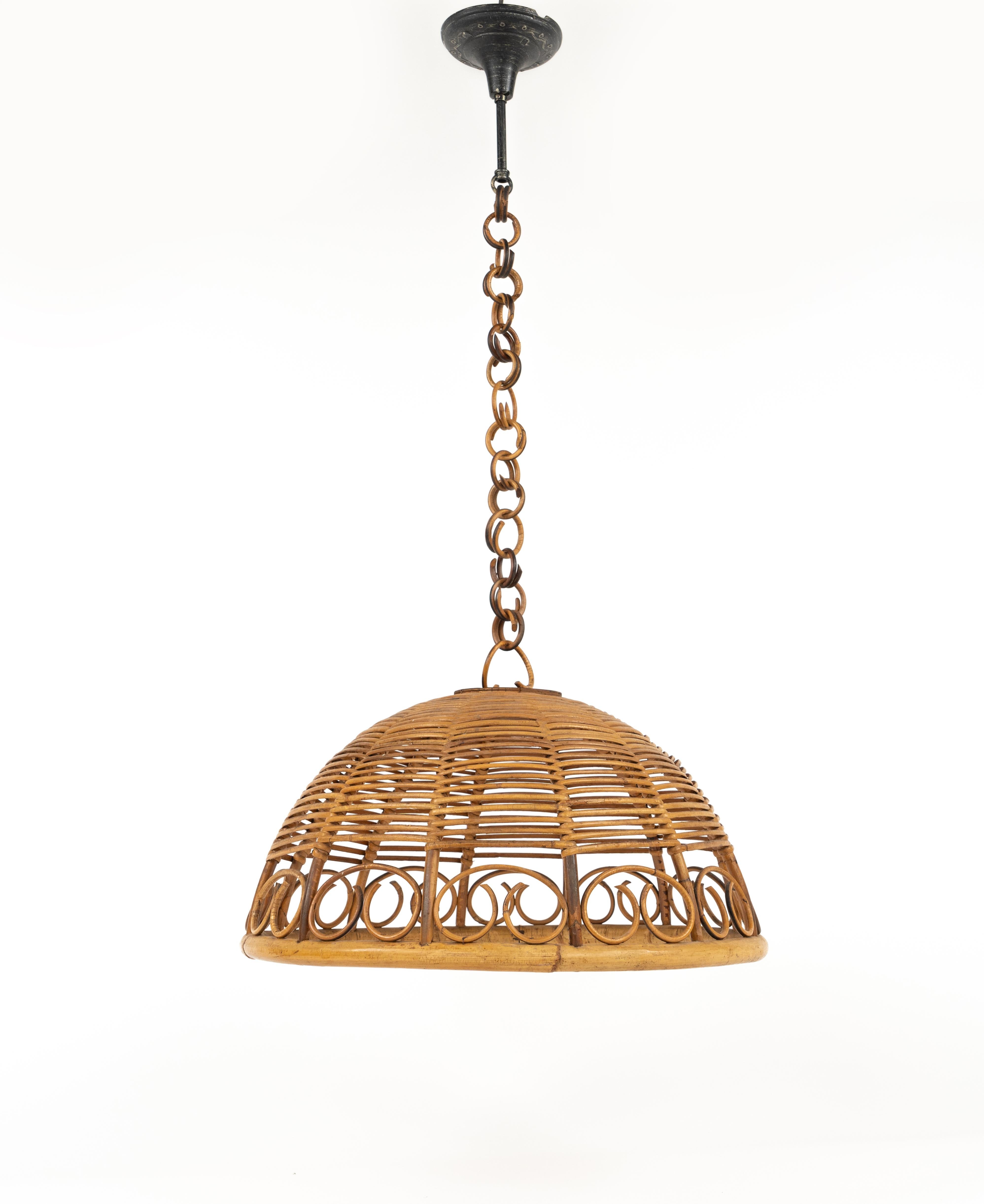 Mid-20th Century Midcentury Rattan and Bamboo Chandelier Pendant, Italy 1960s For Sale
