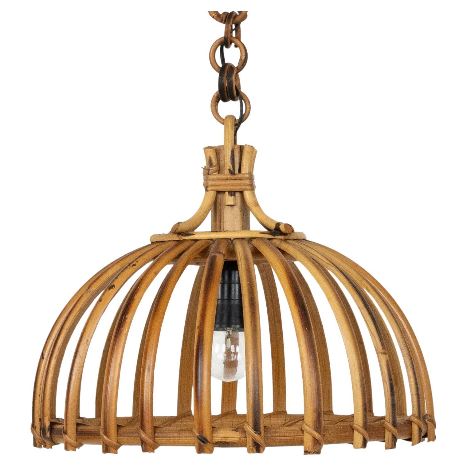 Midcentury Rattan and Bamboo Chandelier Pendant Louis Sognot Style, Italy 1970s