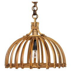 Midcentury Rattan and Bamboo Chandelier Pendant Louis Sognot Style, Italy 1970s