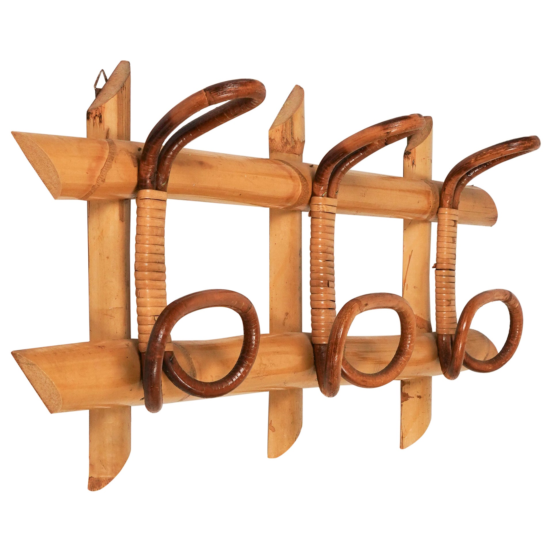 Midcentury Rattan and Bamboo Coat Rack Stand, Italy, 1960s