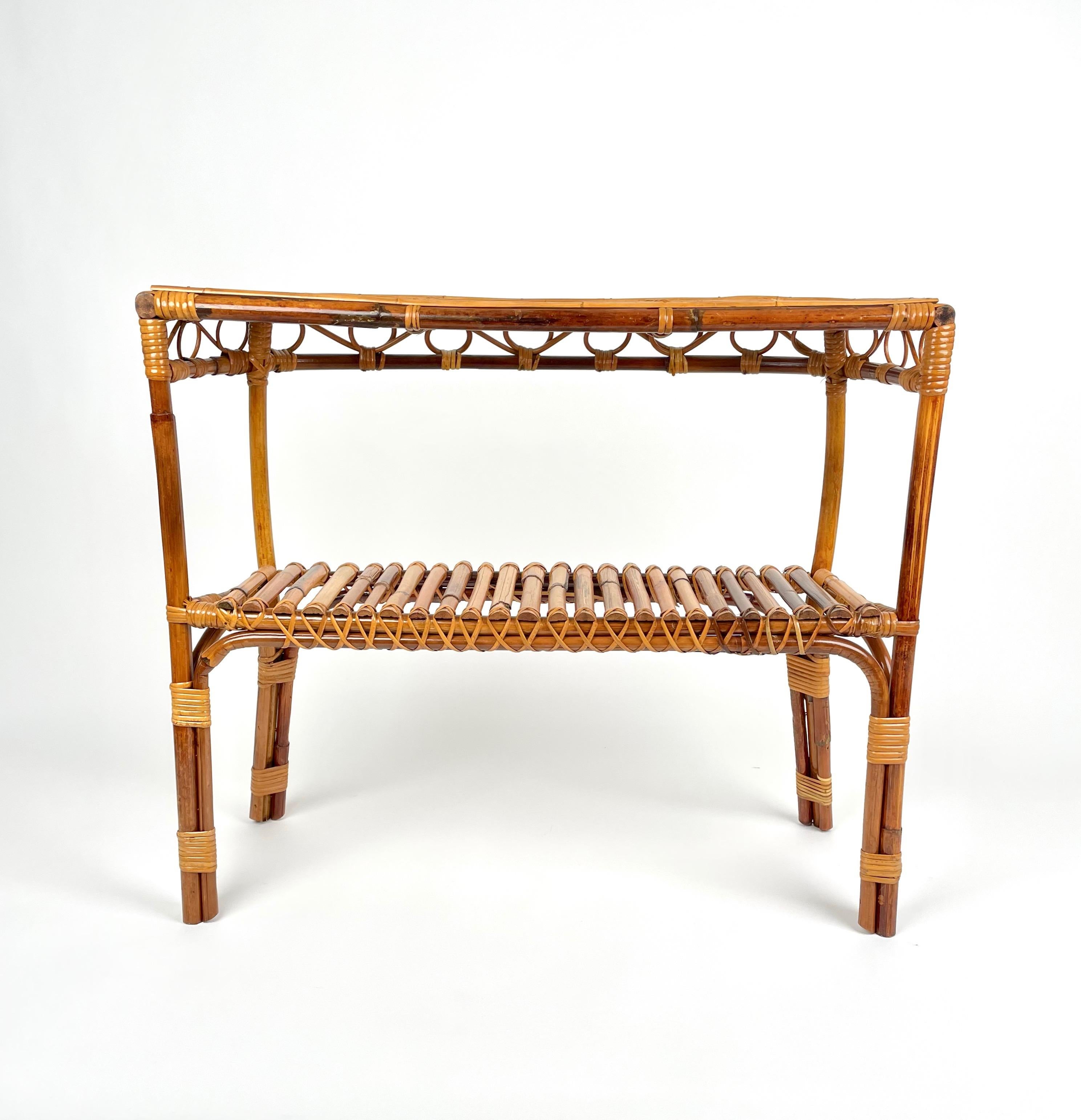 Midcentury Rattan and Bamboo Console Table Franco Albini Style, Italy 1960s 1