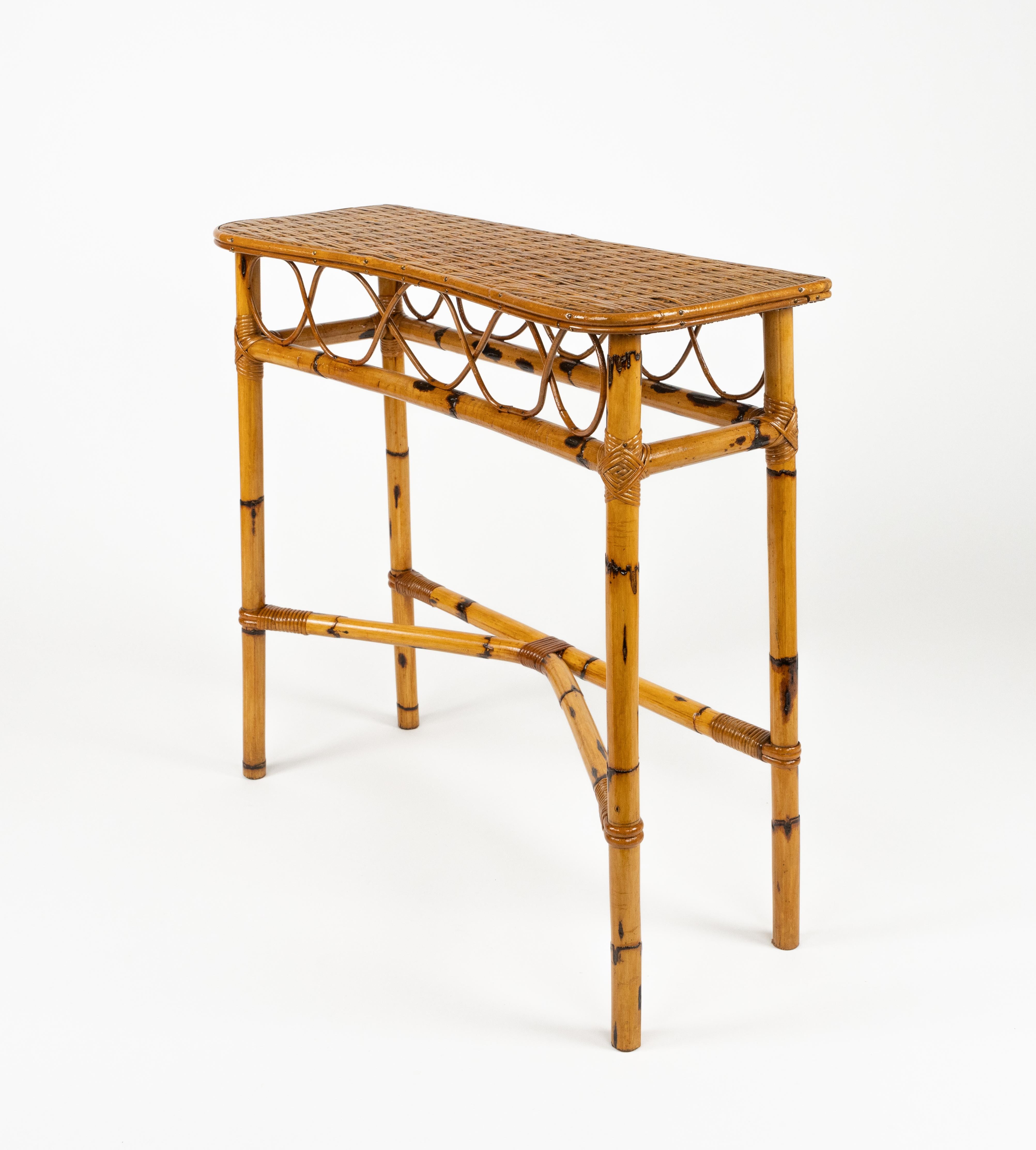 Midcentury Rattan and Bamboo Console Table Franco Albini Style, Italy 1960s For Sale 3