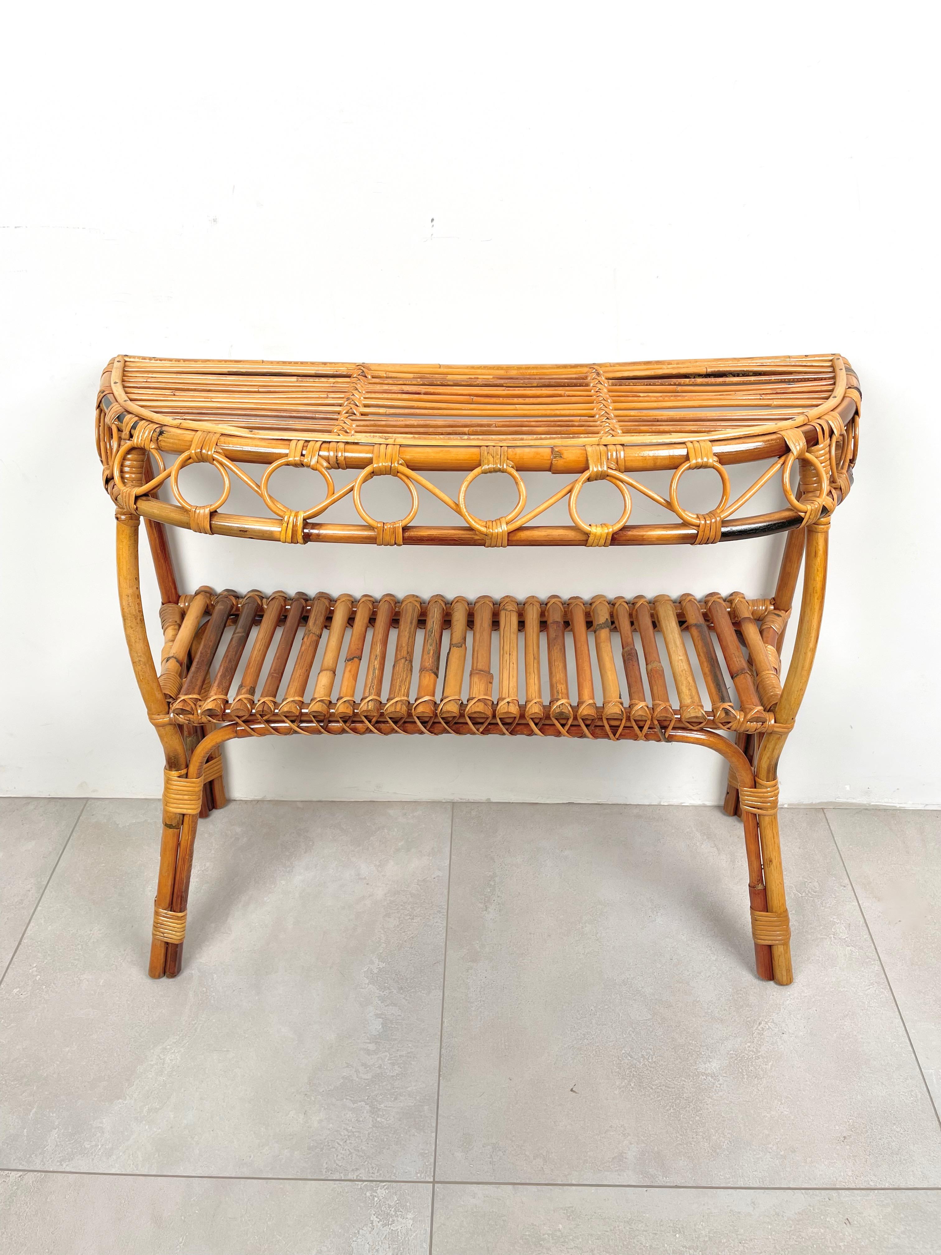 Midcentury Rattan and Bamboo Console Table Franco Albini Style, Italy 1960s 2