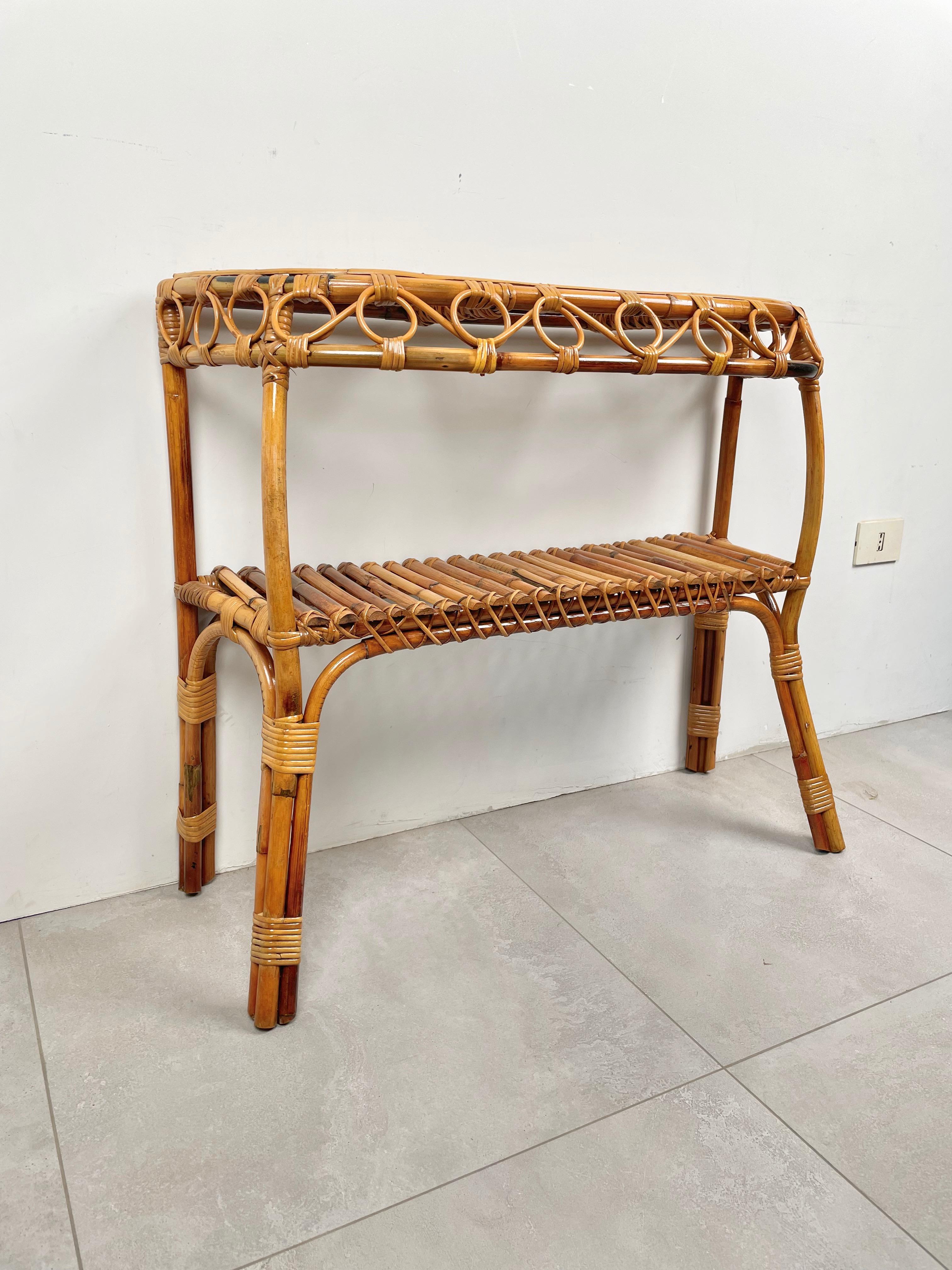 Midcentury Rattan and Bamboo Console Table Franco Albini Style, Italy 1960s 3
