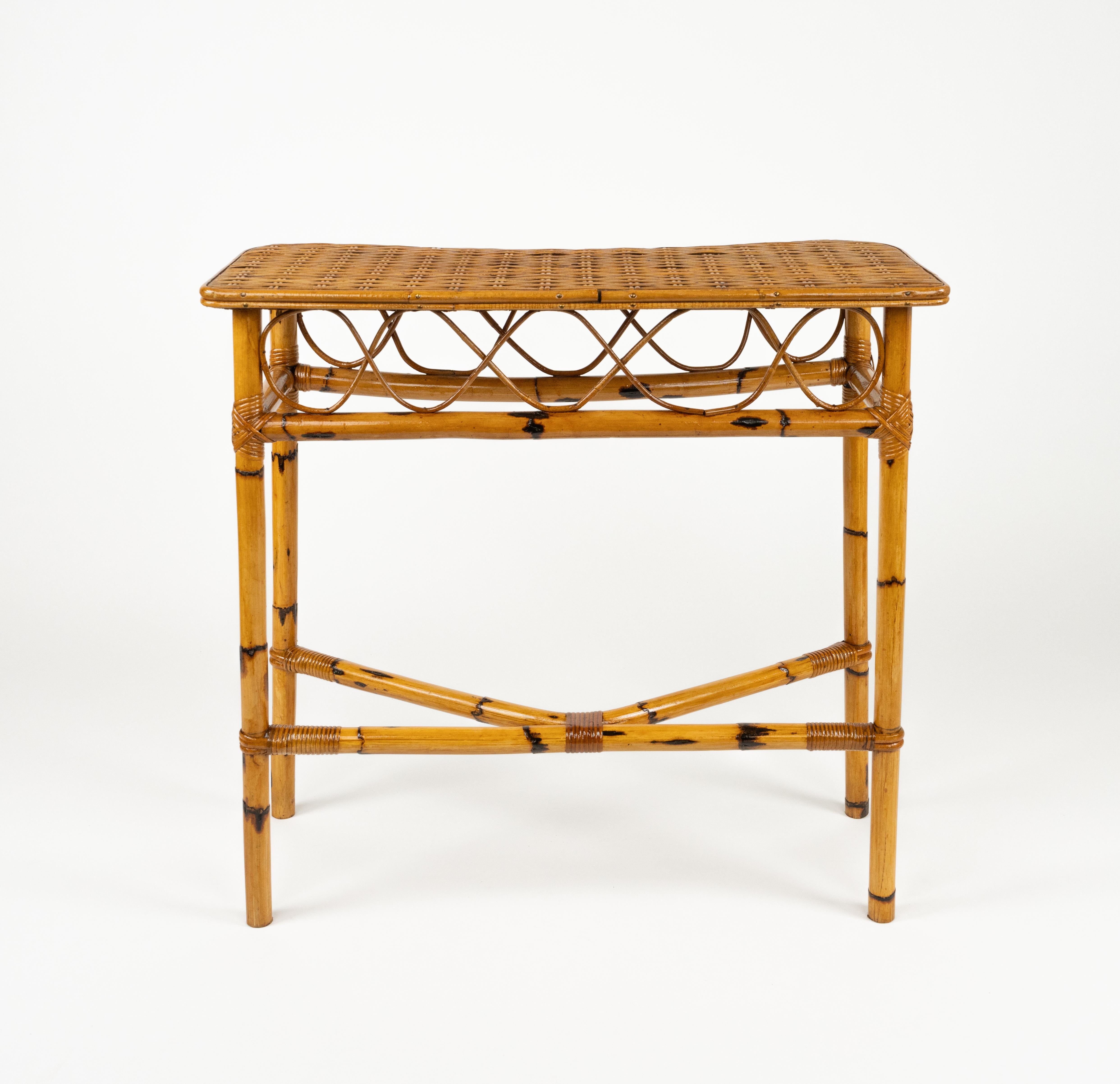 Midcentury Rattan and Bamboo Console Table Franco Albini Style, Italy 1960s For Sale 5