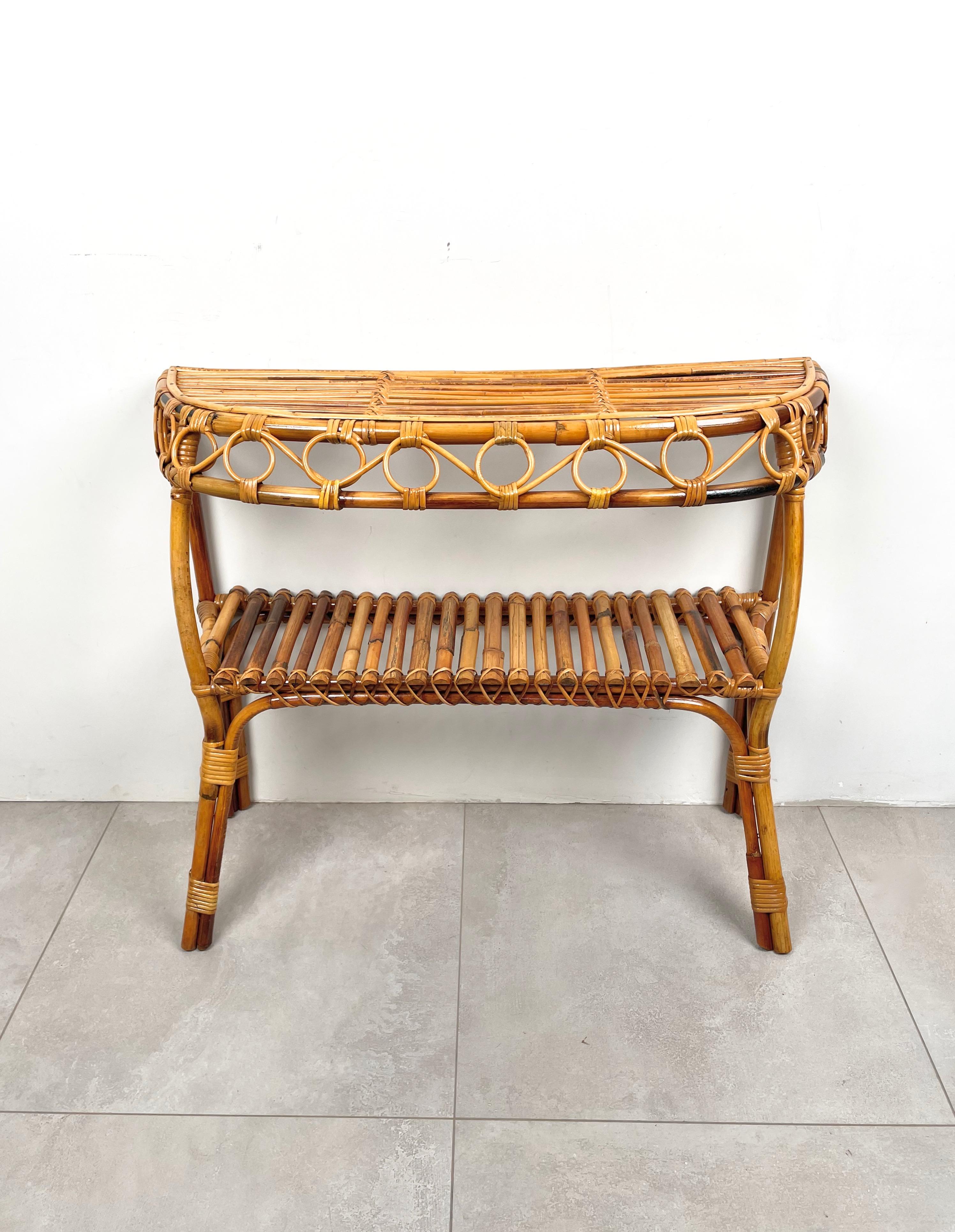 Midcentury Rattan and Bamboo Console Table Franco Albini Style, Italy 1960s 4