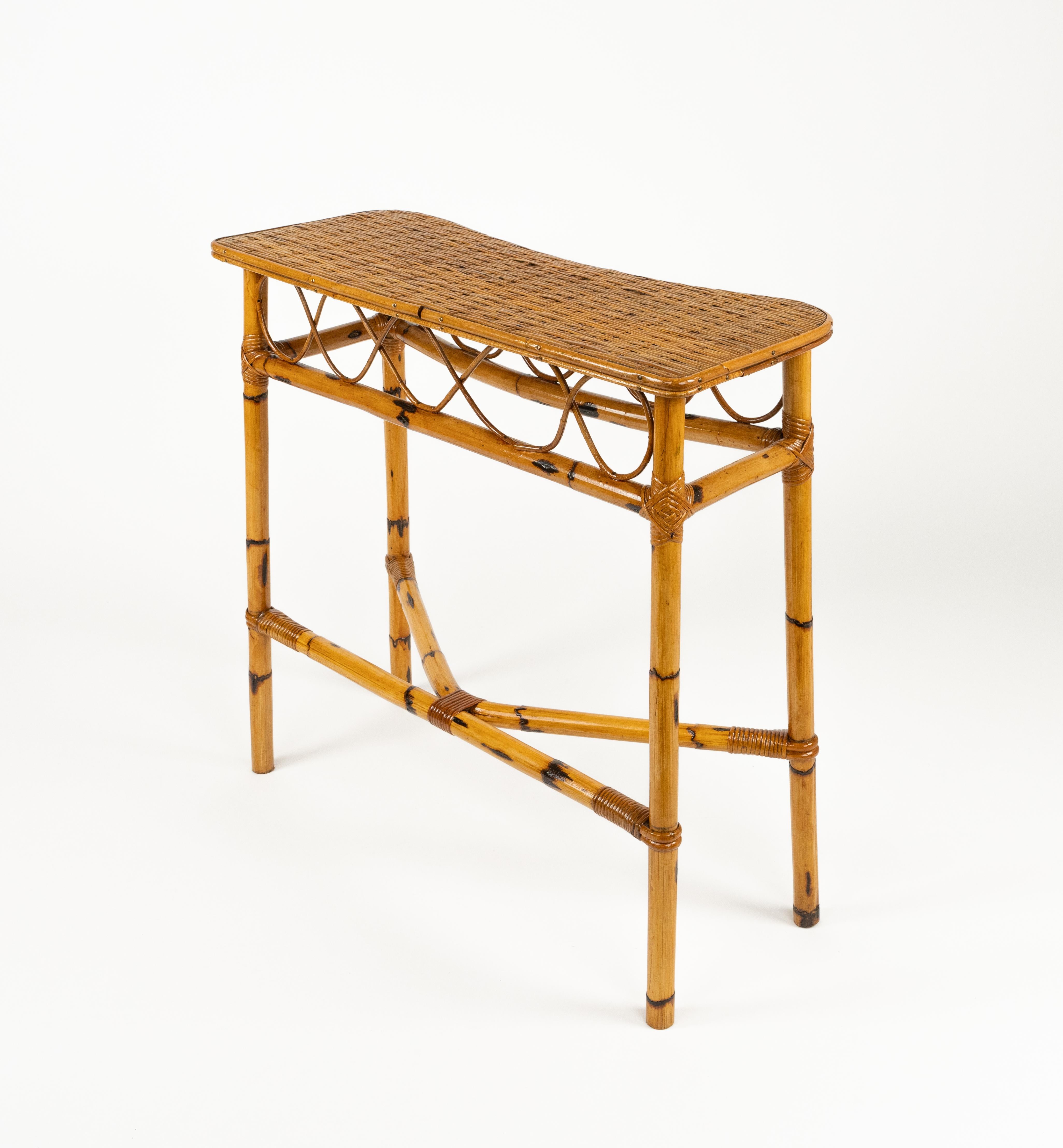 Midcentury Rattan and Bamboo Console Table Franco Albini Style, Italy 1960s For Sale 6