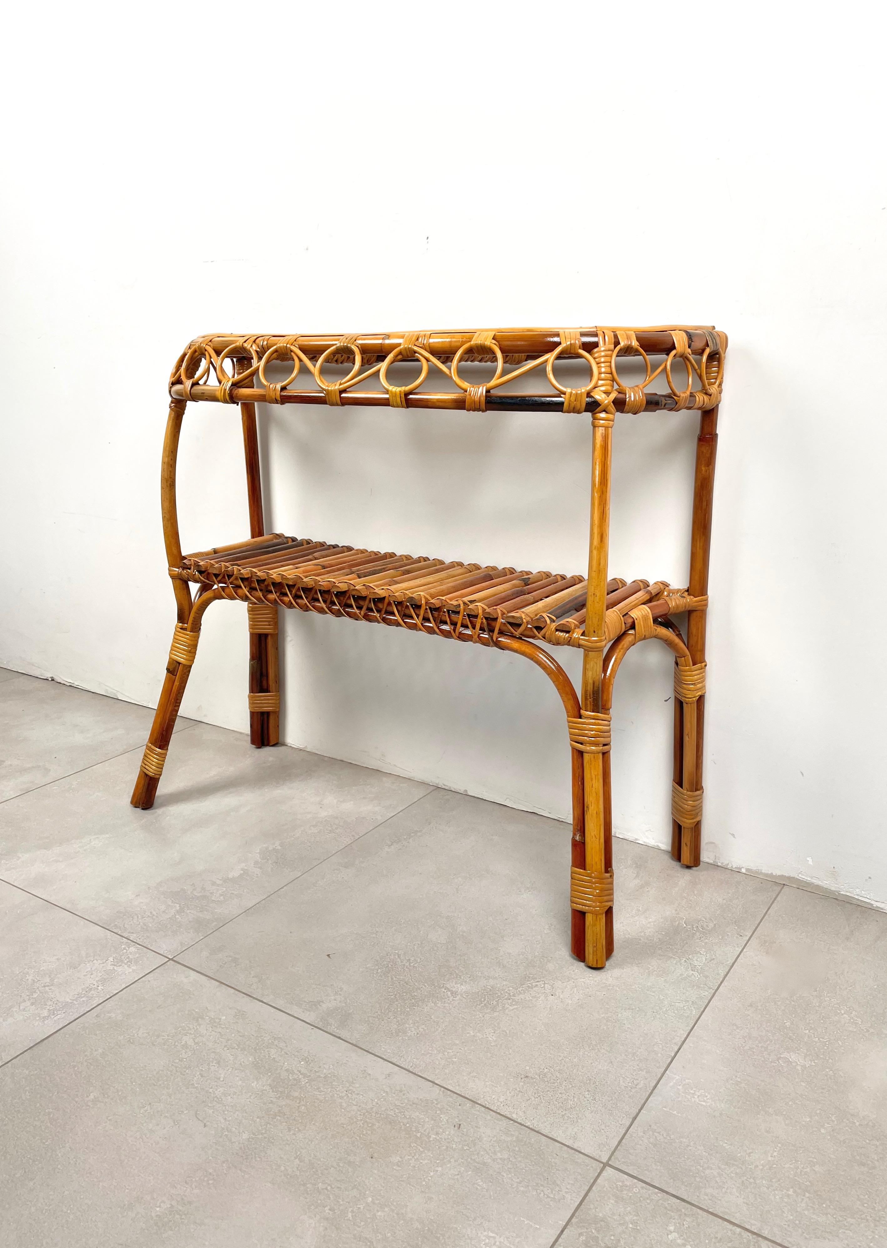 Midcentury Rattan and Bamboo Console Table Franco Albini Style, Italy 1960s 5