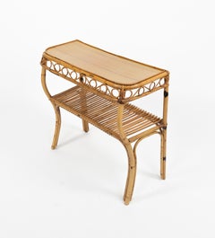 Midcentury Rattan and Bamboo Console Table Franco Albini Style, Italy 1960s