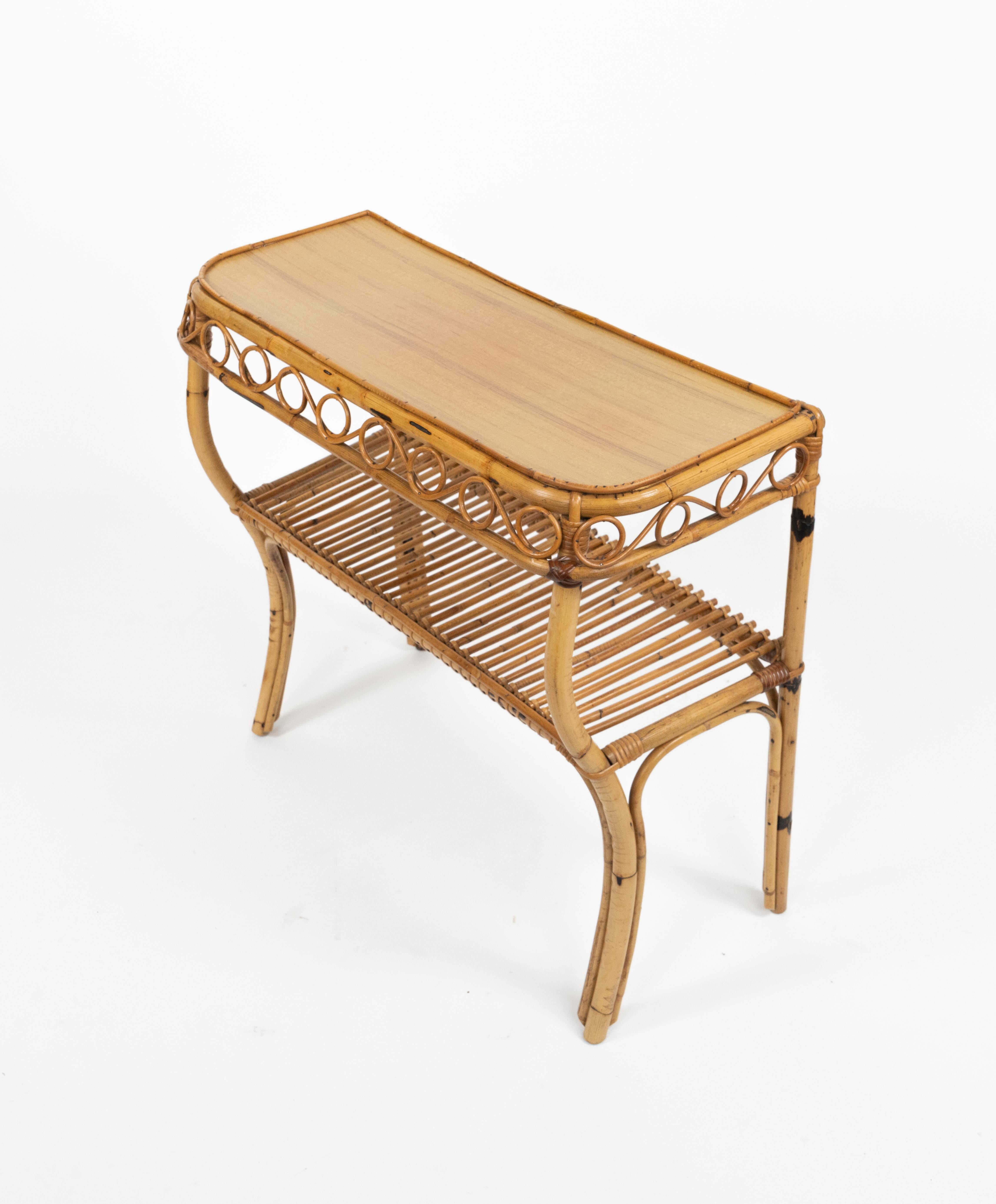 Italian Midcentury Rattan and Bamboo Console Table Franco Albini Style, Italy 1960s For Sale