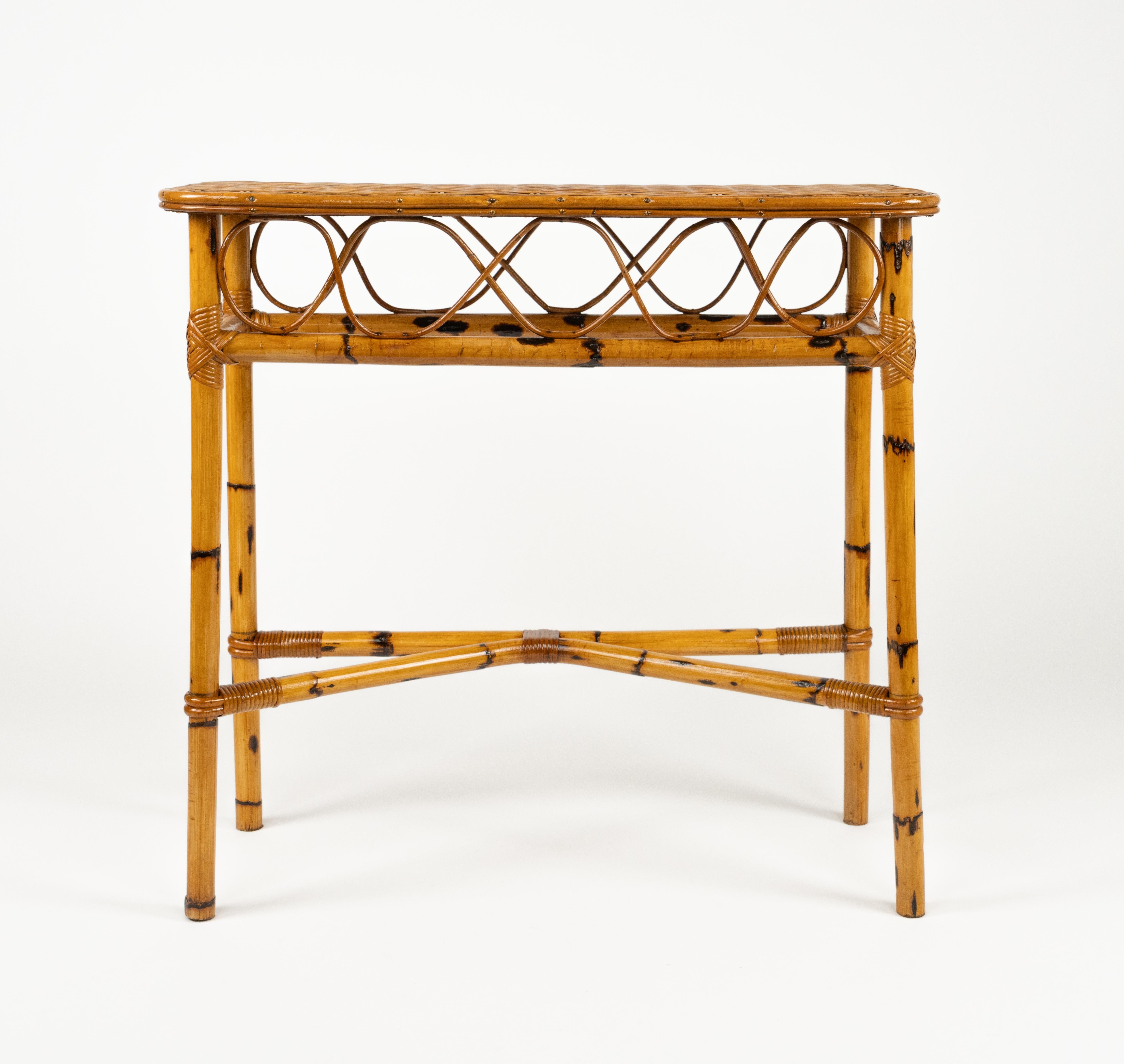Italian Midcentury Rattan and Bamboo Console Table Franco Albini Style, Italy 1960s For Sale
