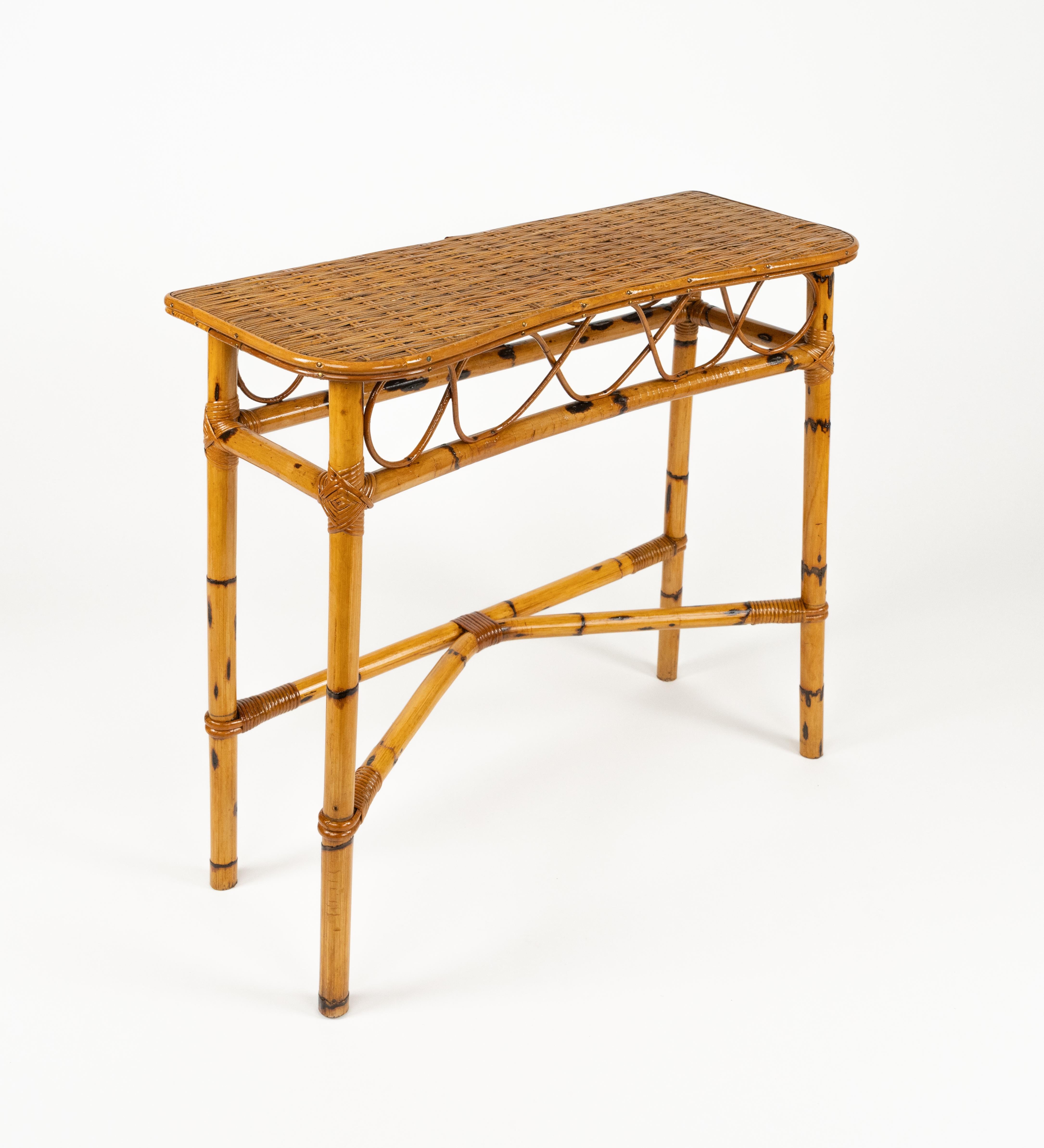 Hand-Crafted Midcentury Rattan and Bamboo Console Table Franco Albini Style, Italy 1960s For Sale
