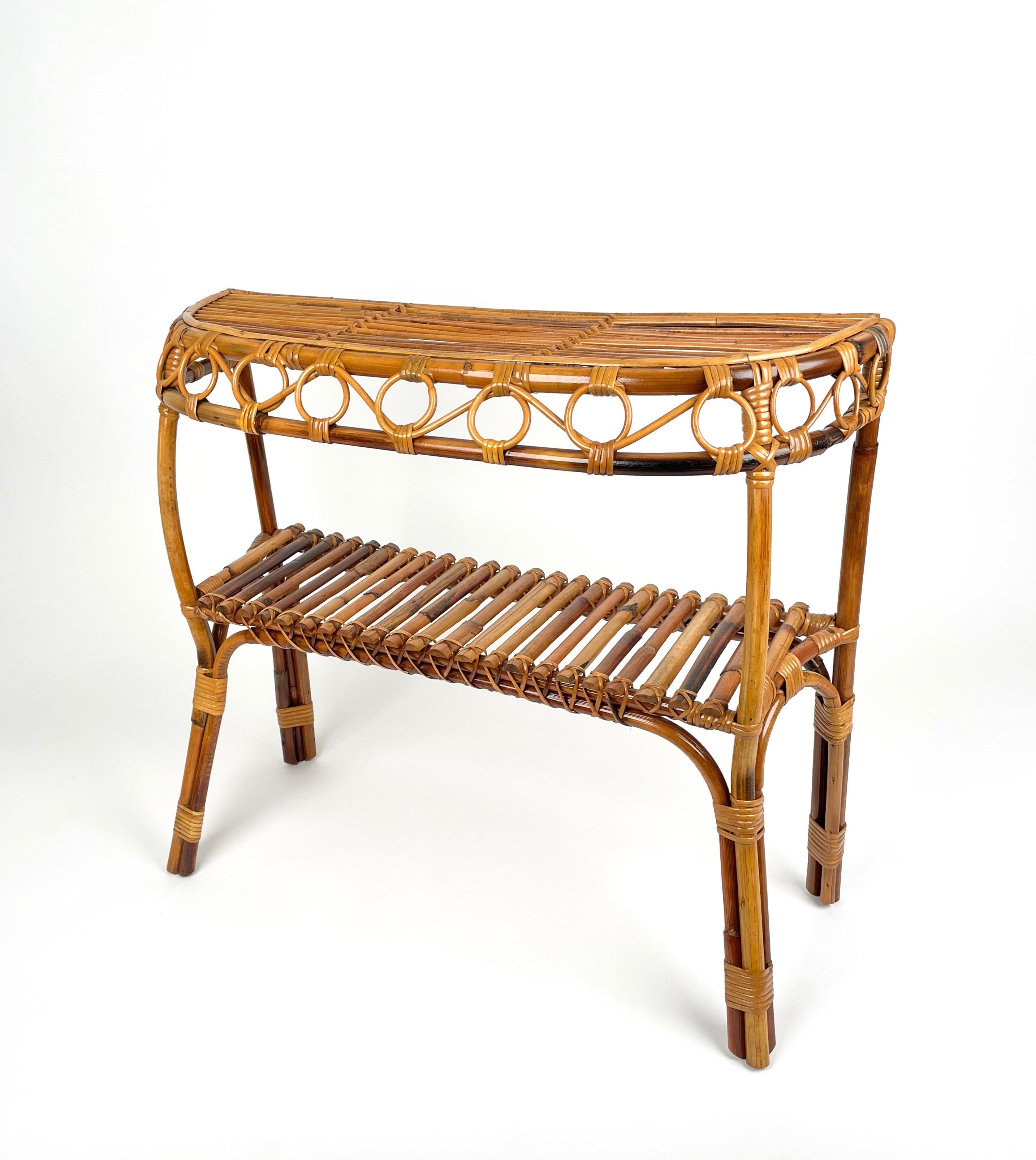 Mid-Century Modern Midcentury Rattan and Bamboo Console Table Franco Albini Style, Italy 1960s