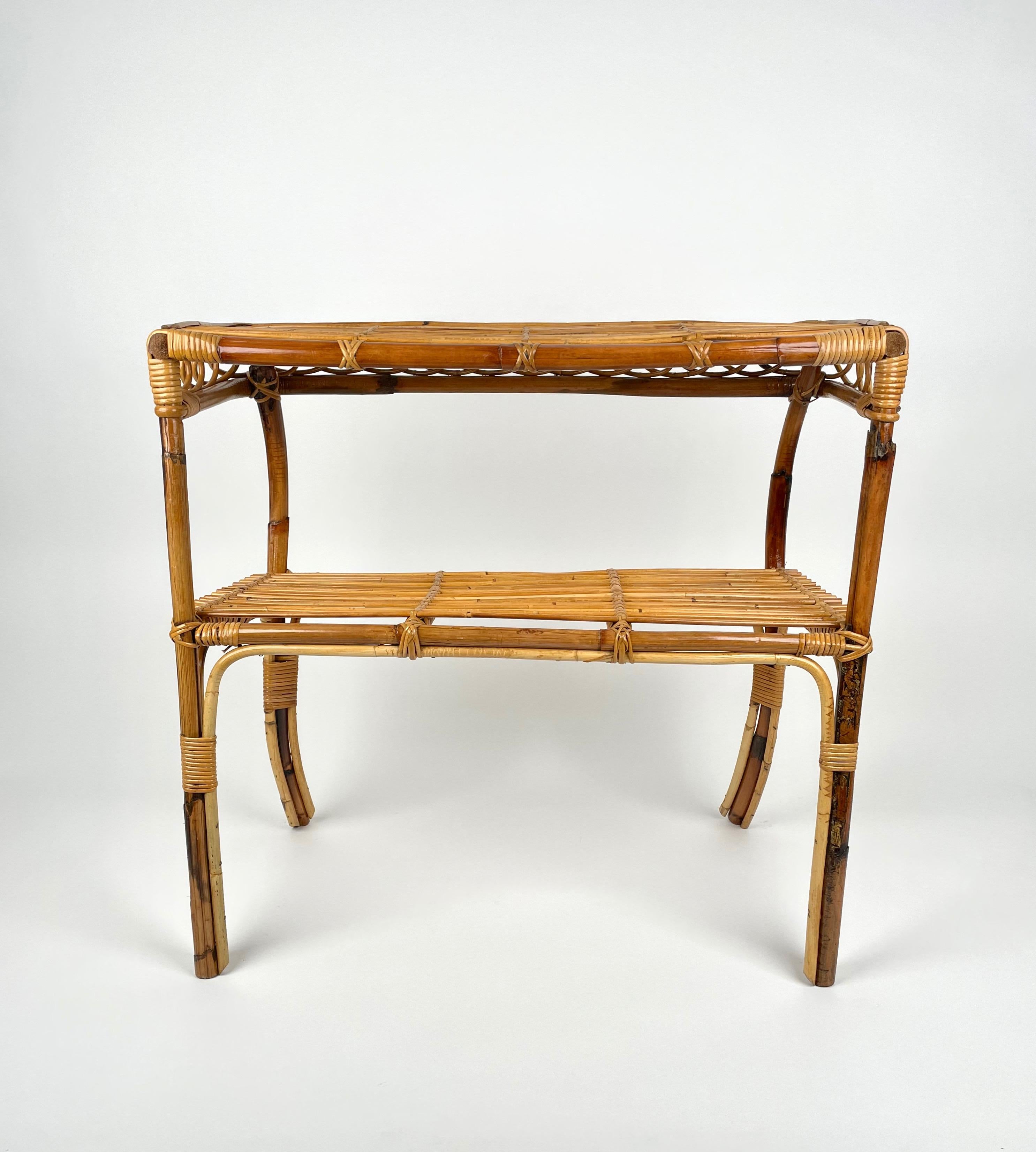 Italian Midcentury Rattan and Bamboo Console Table Franco Albini Style, Italy 1960s