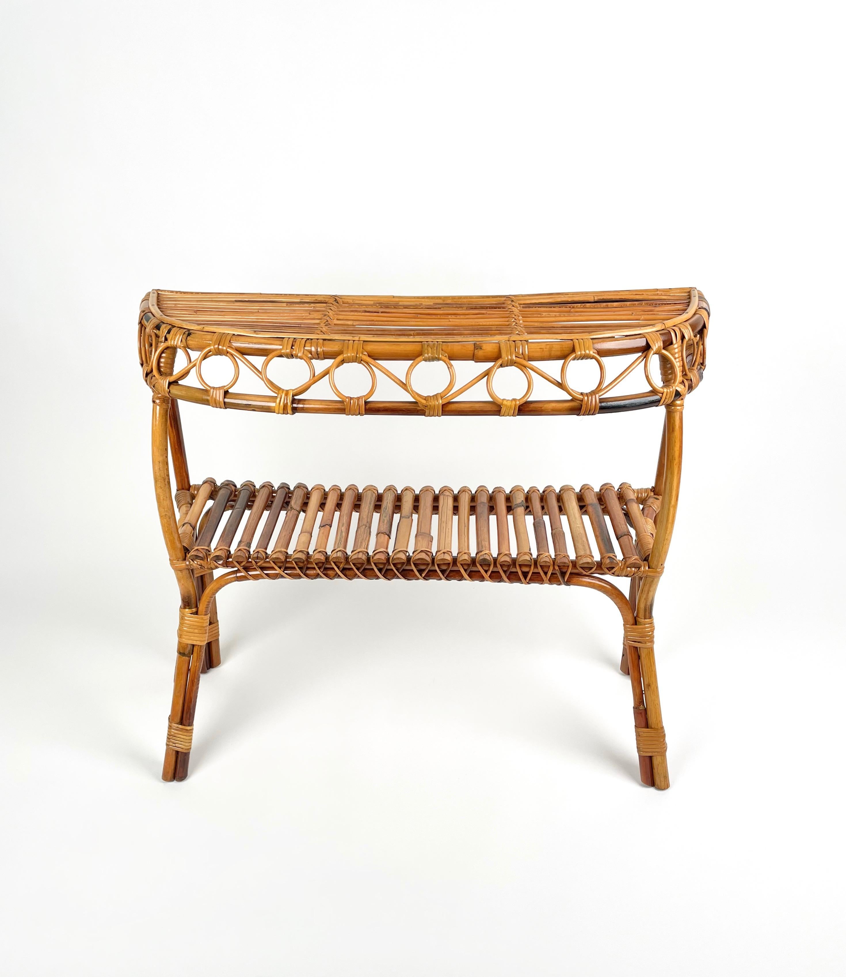 Midcentury Rattan and Bamboo Console Table Franco Albini Style, Italy 1960s In Good Condition In Rome, IT