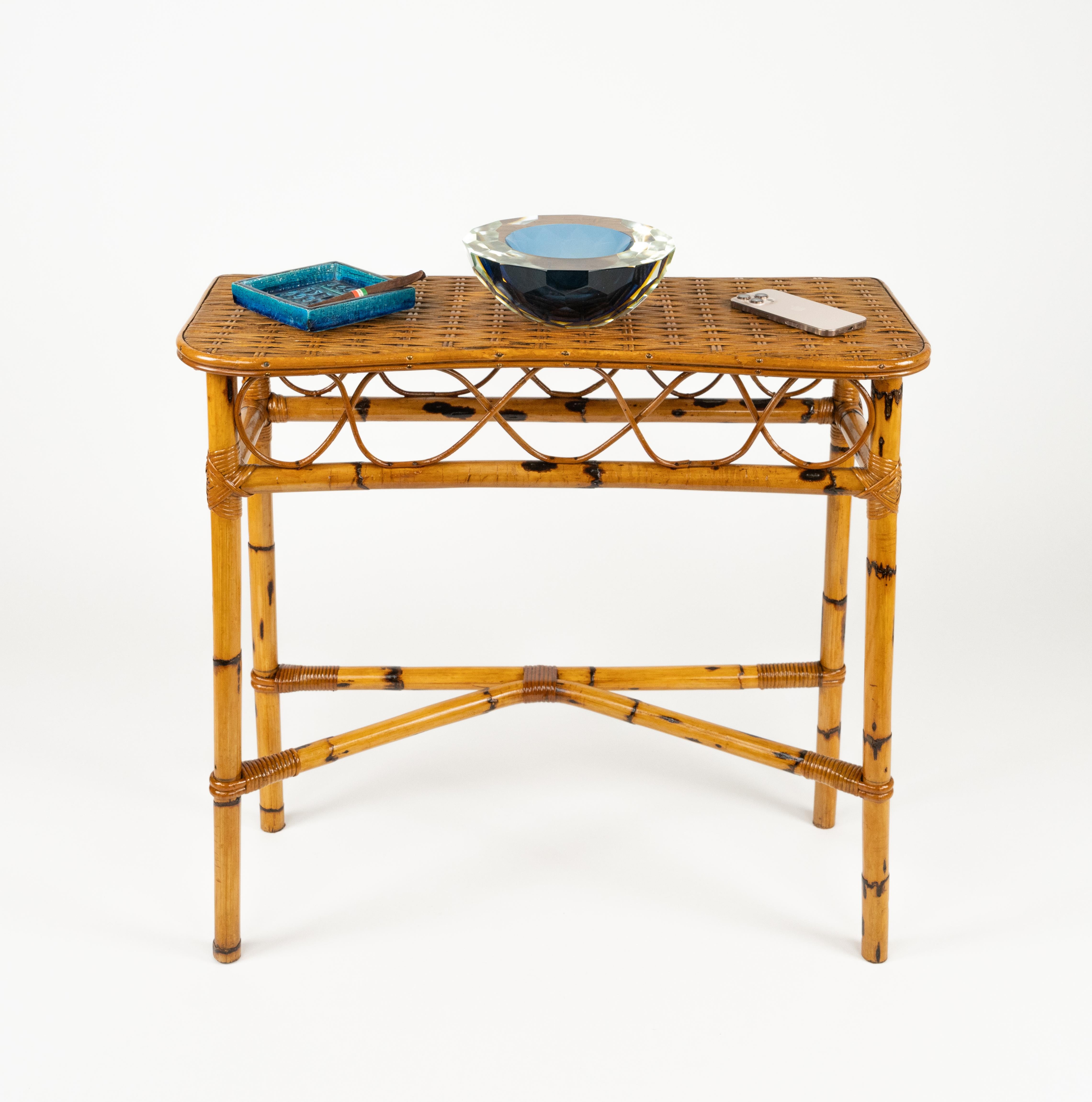 Midcentury Rattan and Bamboo Console Table Franco Albini Style, Italy 1960s For Sale 1