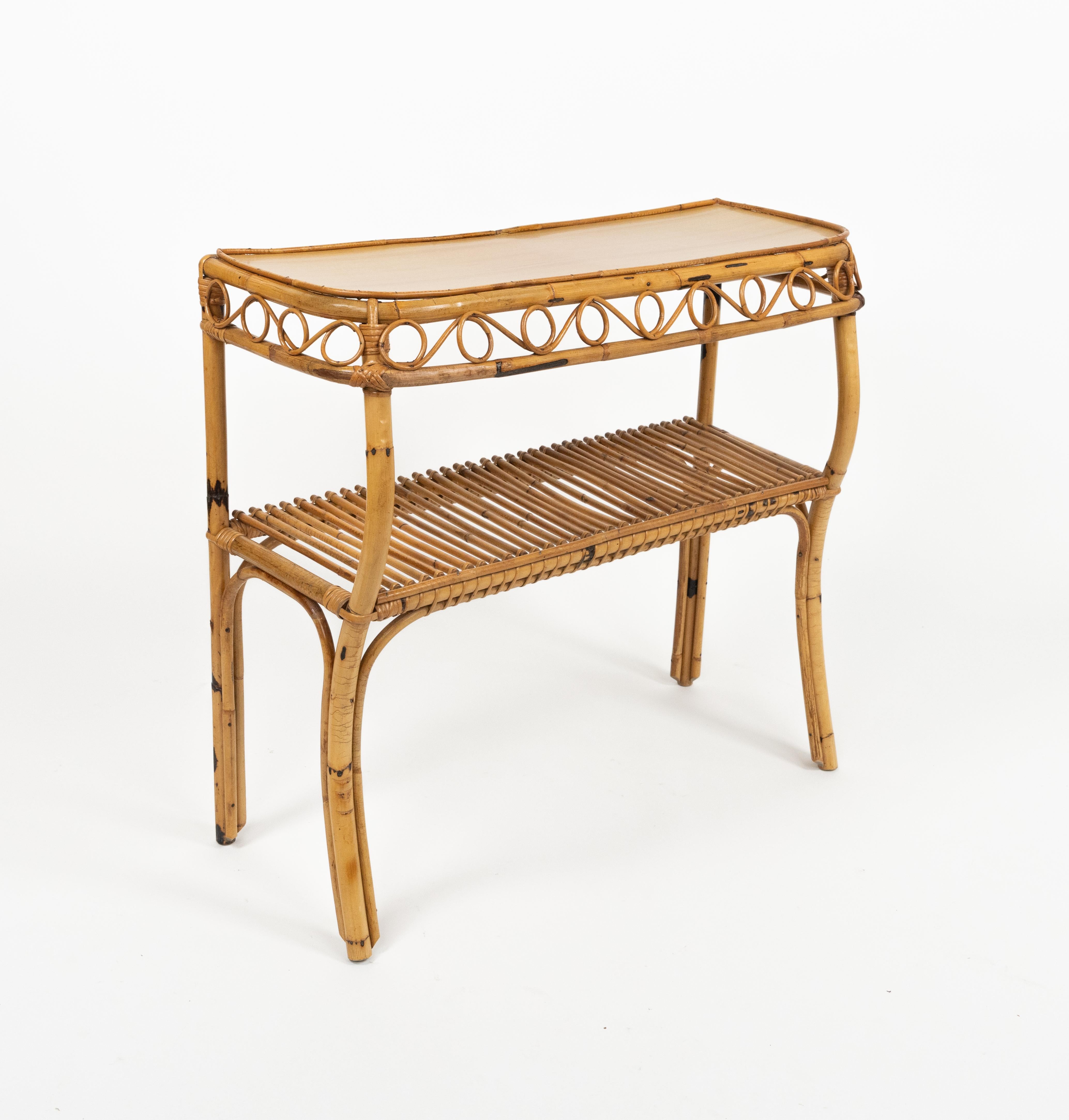 Midcentury Rattan and Bamboo Console Table Franco Albini Style, Italy 1960s For Sale 3